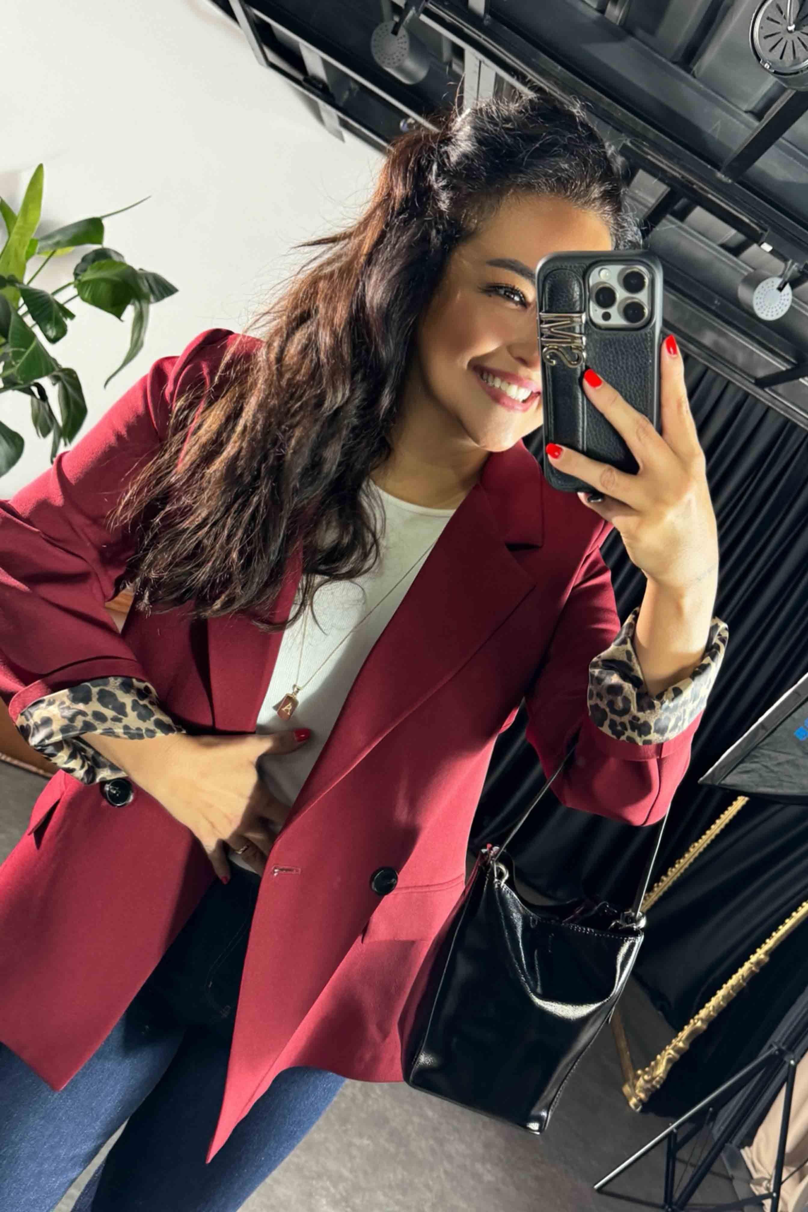 Atlas Kumaş Leopar Astarlı Blazer Kadın Ceket Bordo