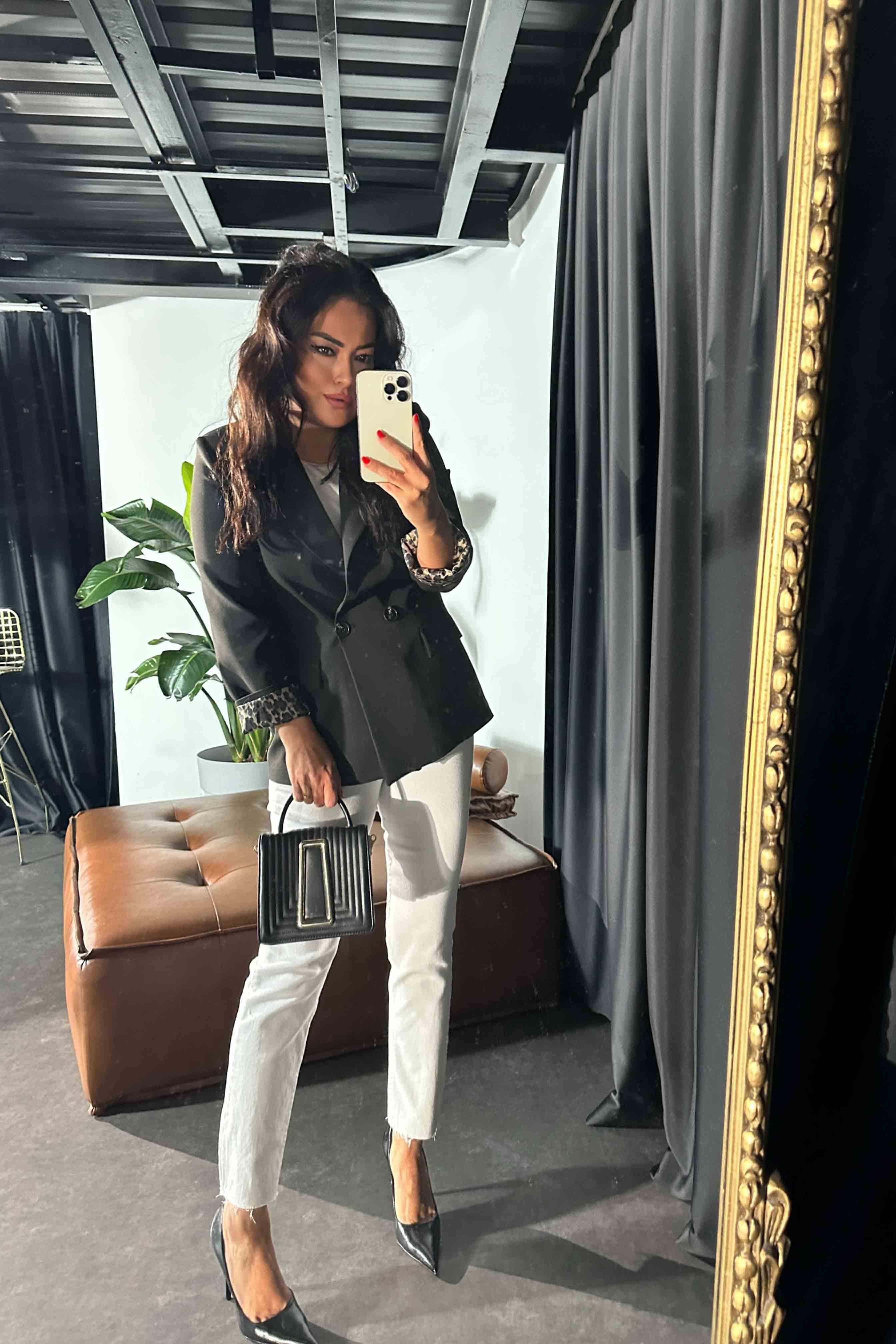 Atlas Kumaş Leopar Astarlı Blazer Kadın Ceket Siyah