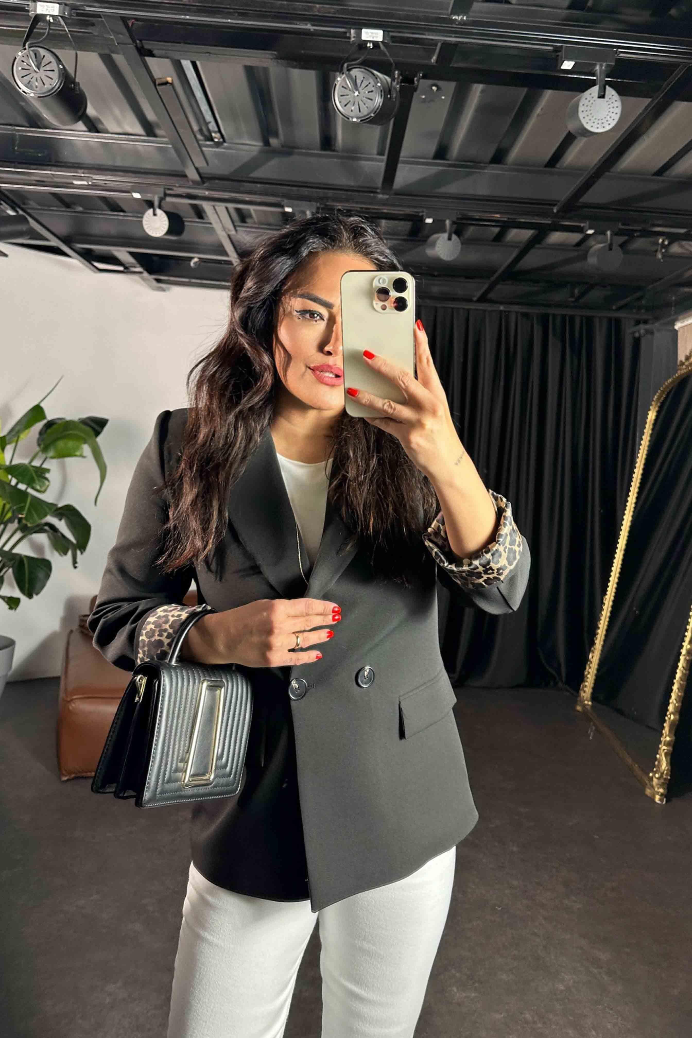 Atlas Kumaş Leopar Astarlı Blazer Kadın Ceket Siyah
