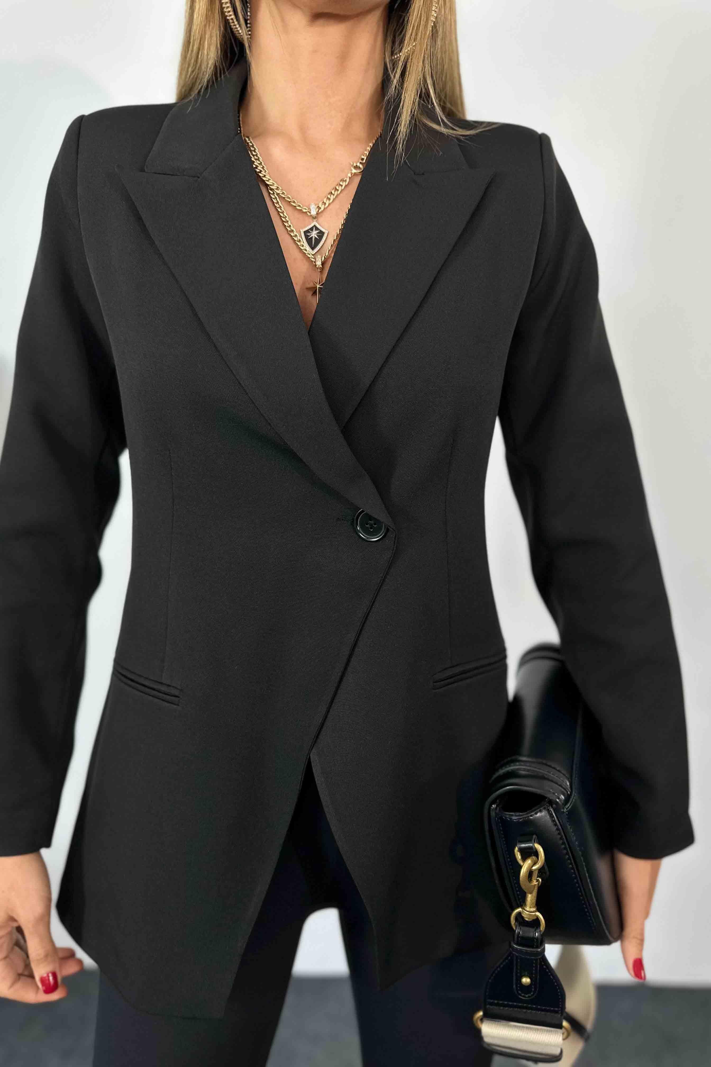Atlas Kumaş Tek Düğme Tasarım Kadın Blazer Ceket Siyah