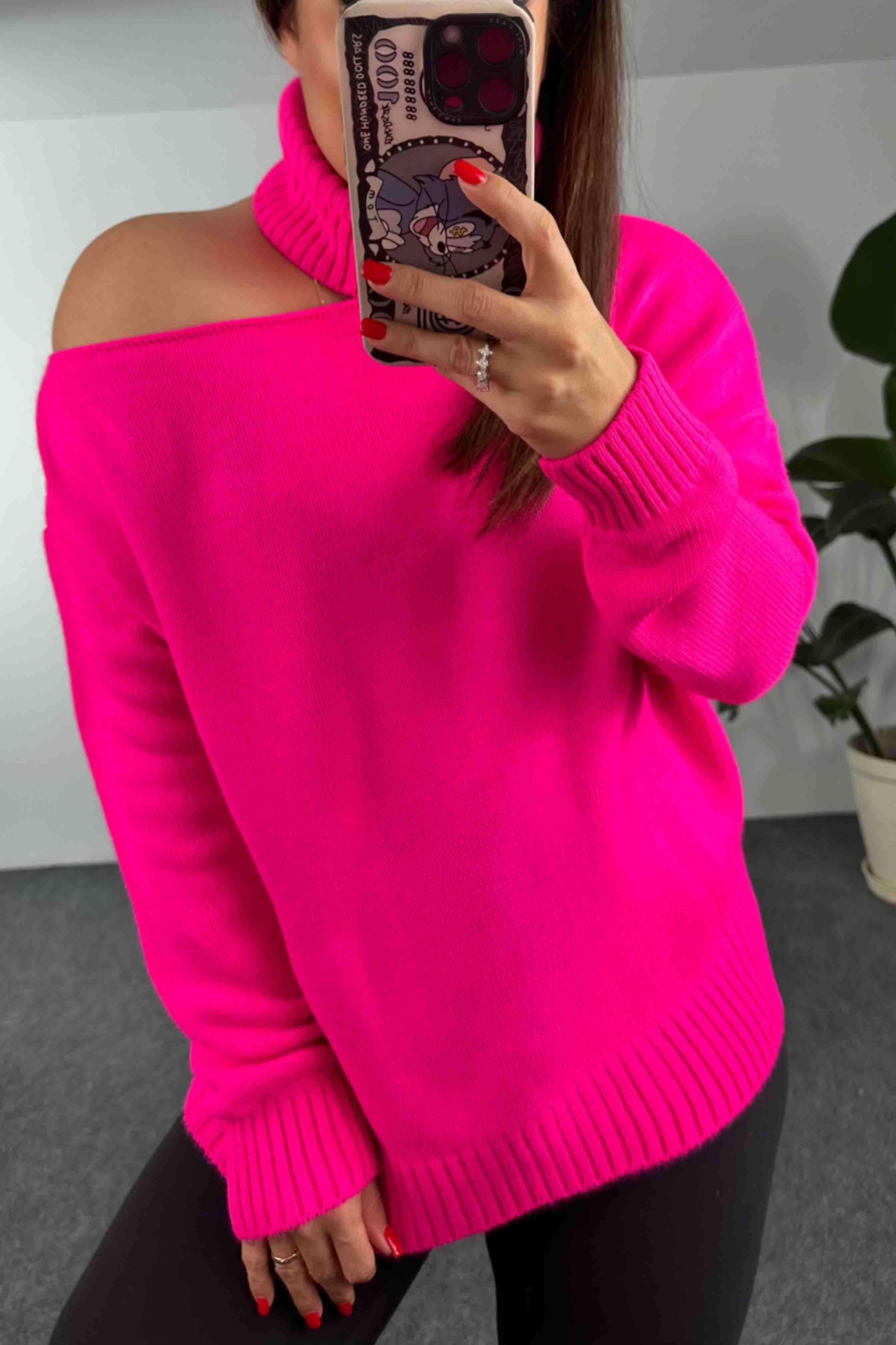 Balıkçı Yaka Tek Omuz Dekolteli Oversize Kazak Neon Pembe