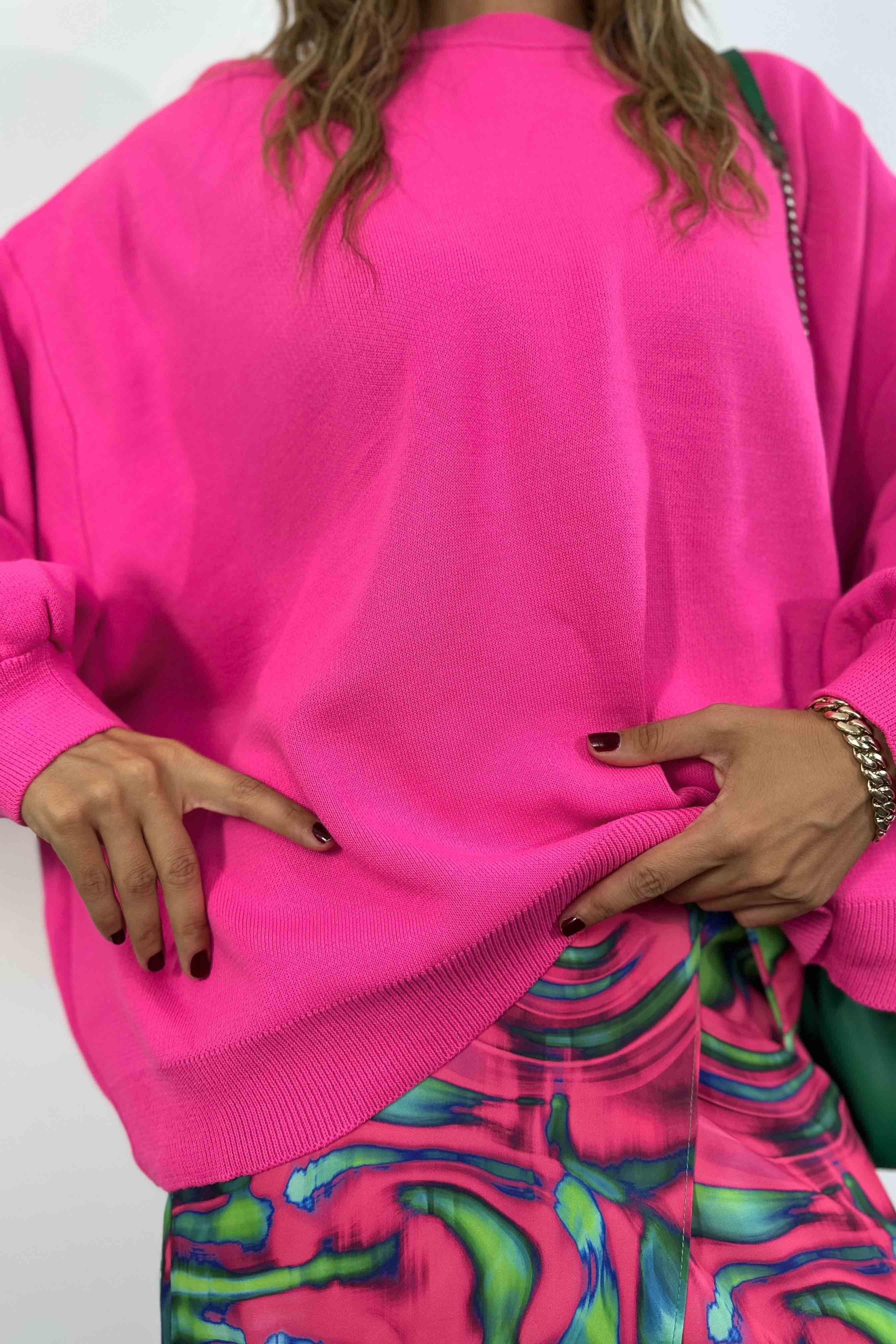 Balon Kol Oversize Triko Kadın Kazak Neon Pembe