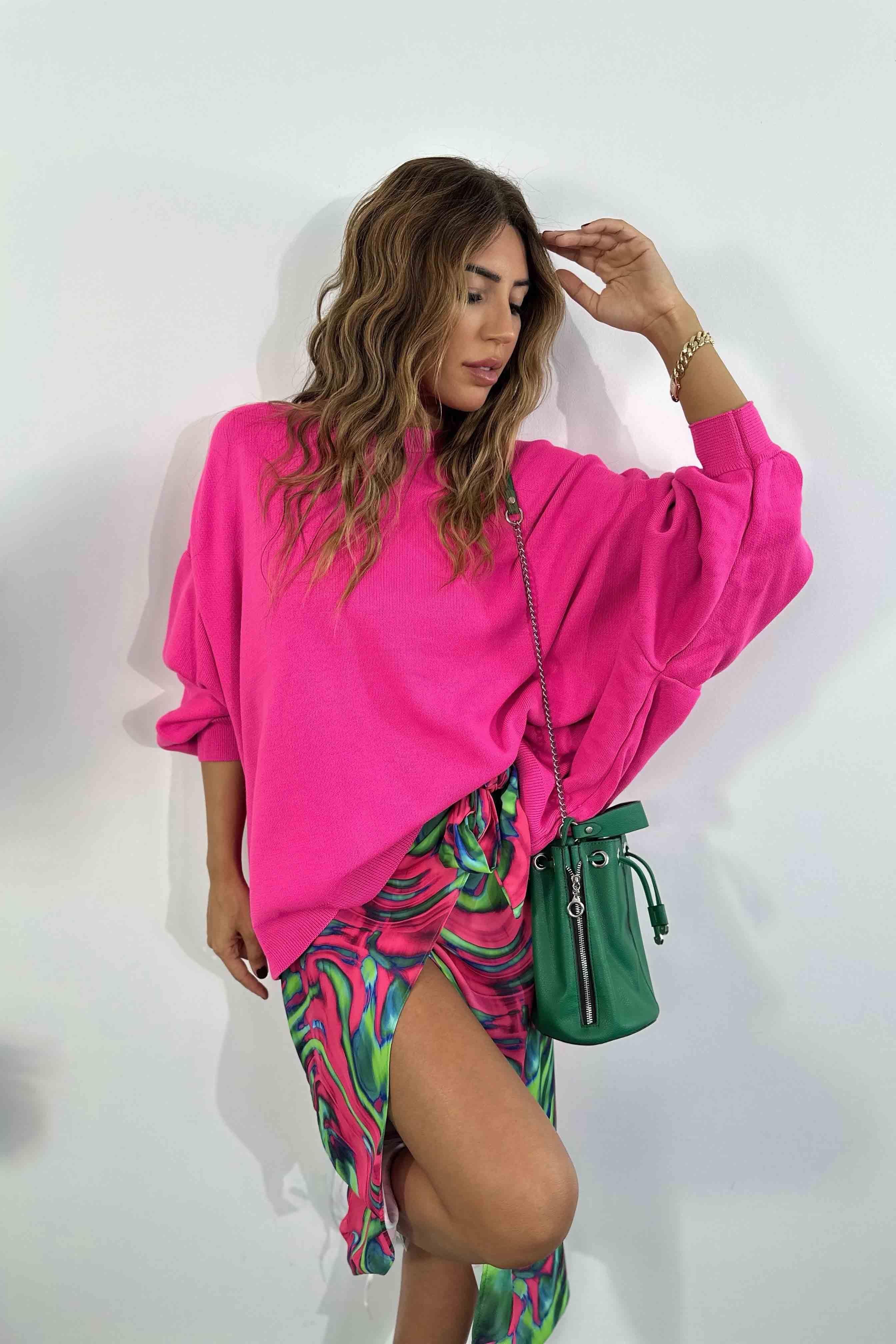 Balon Kol Oversize Triko Kadın Kazak Neon Pembe