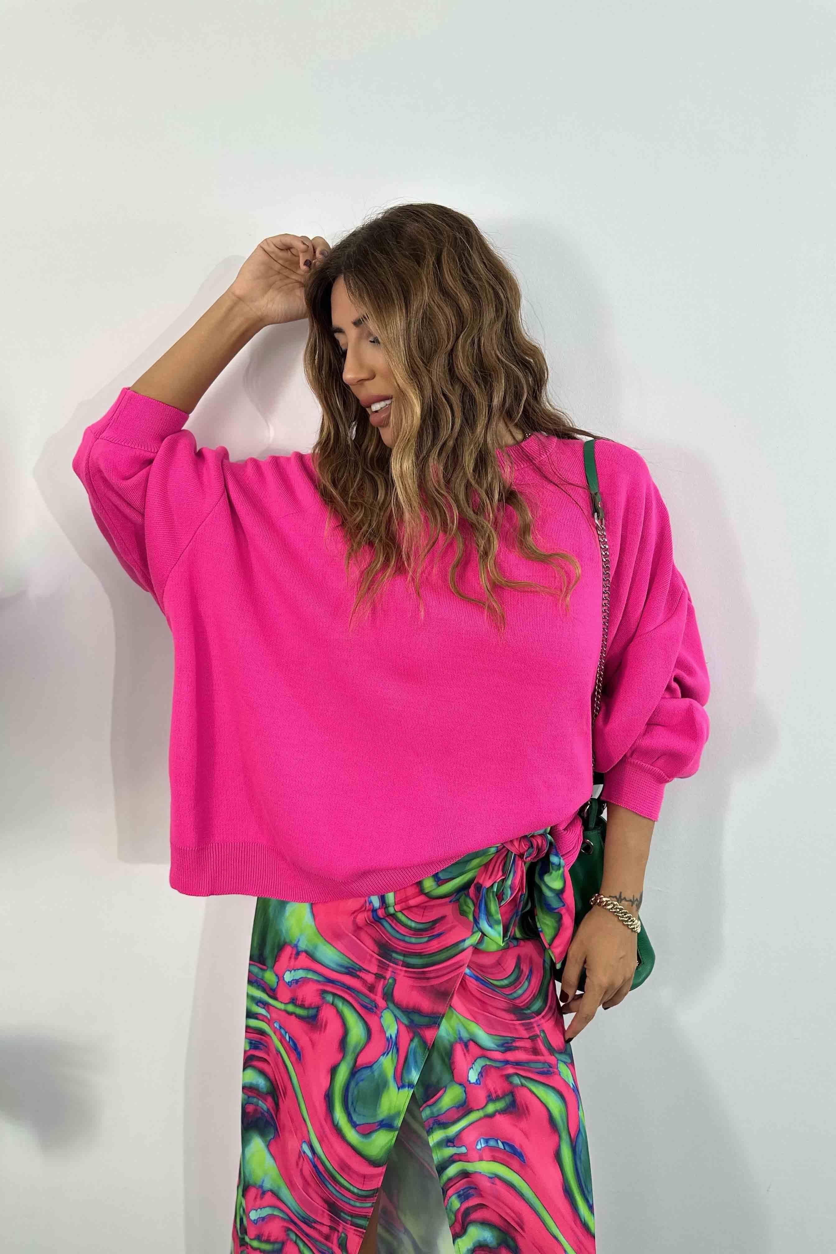 Balon Kol Oversize Triko Kadın Kazak Neon Pembe