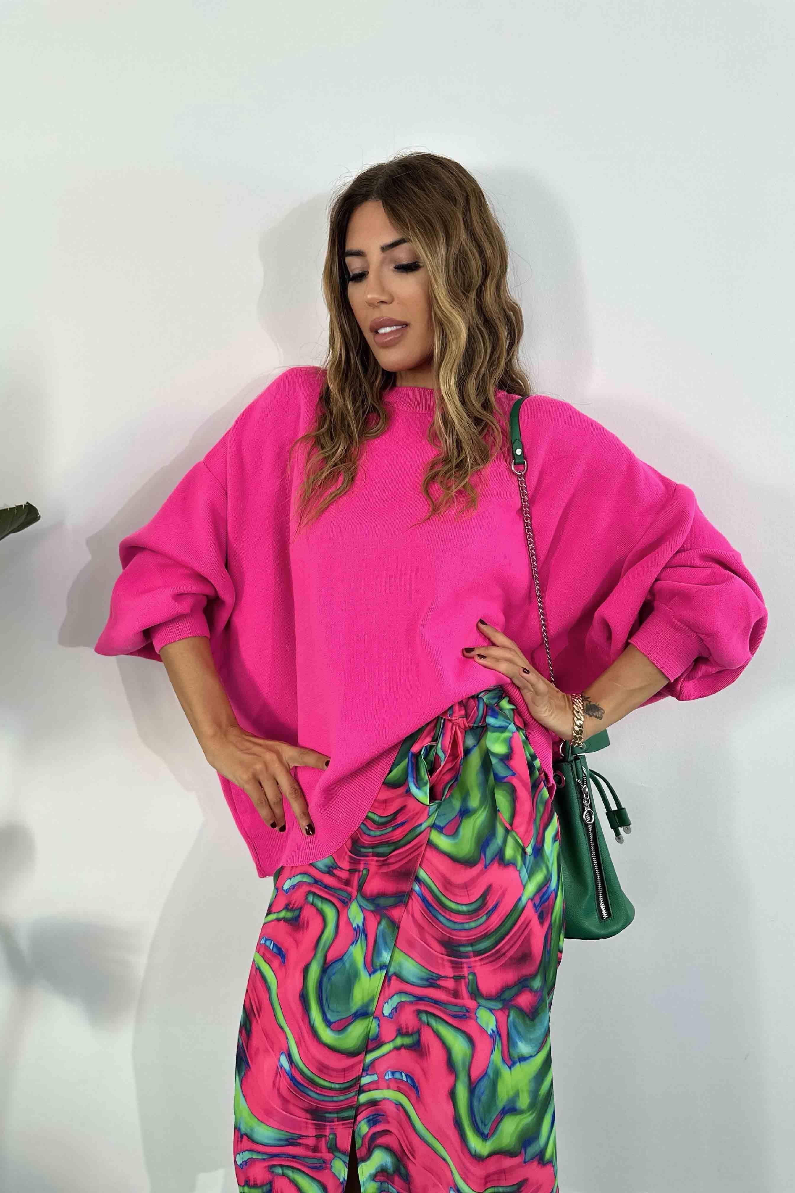 Balon Kol Oversize Triko Kadın Kazak Neon Pembe