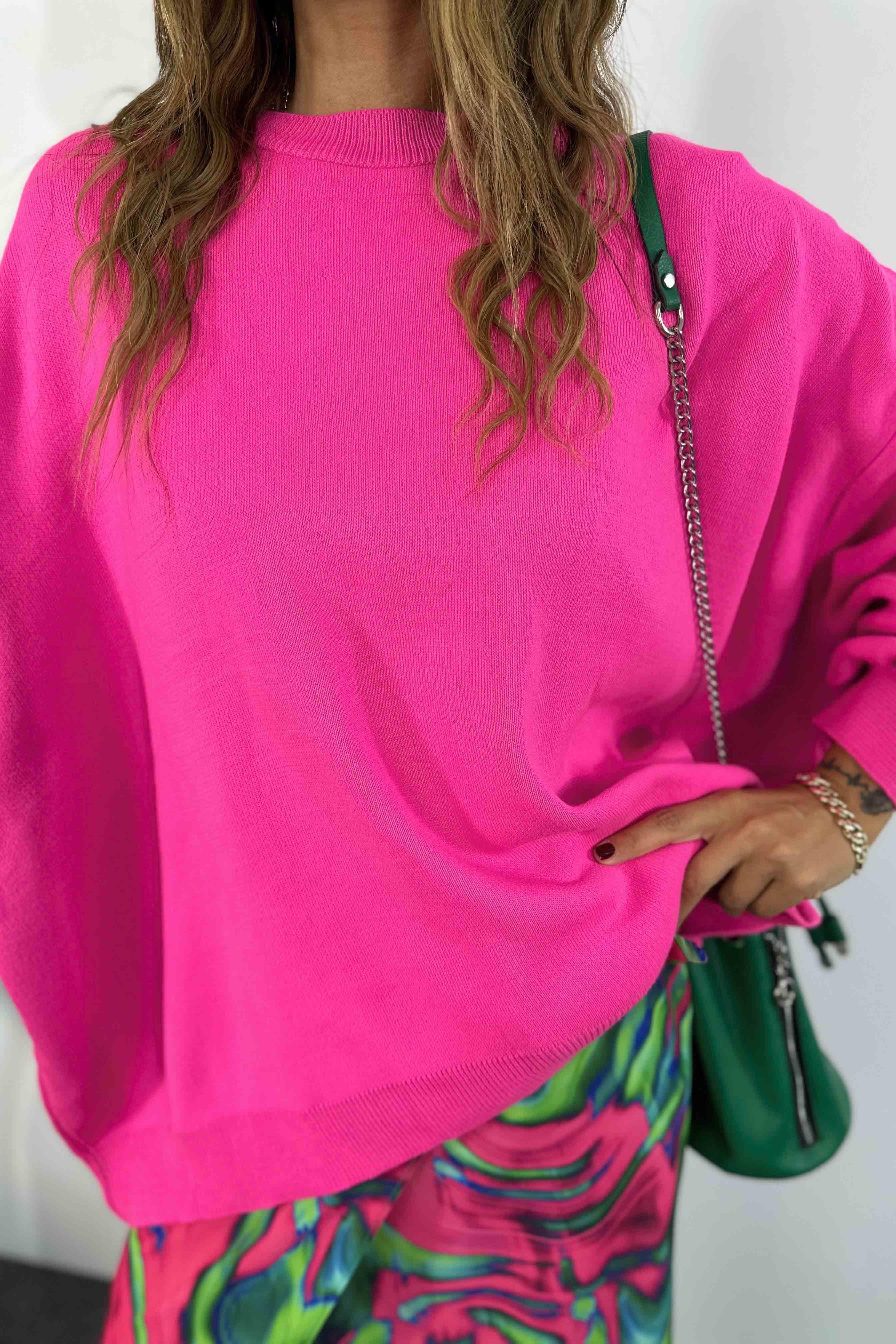 Balon Kol Oversize Triko Kadın Kazak Neon Pembe