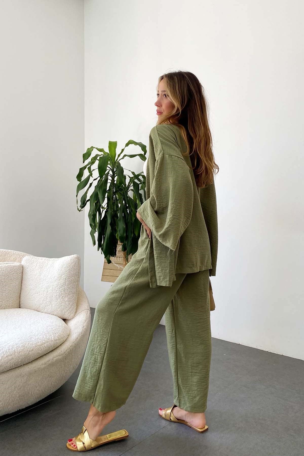 Basic Keten Kimono Takım Haki