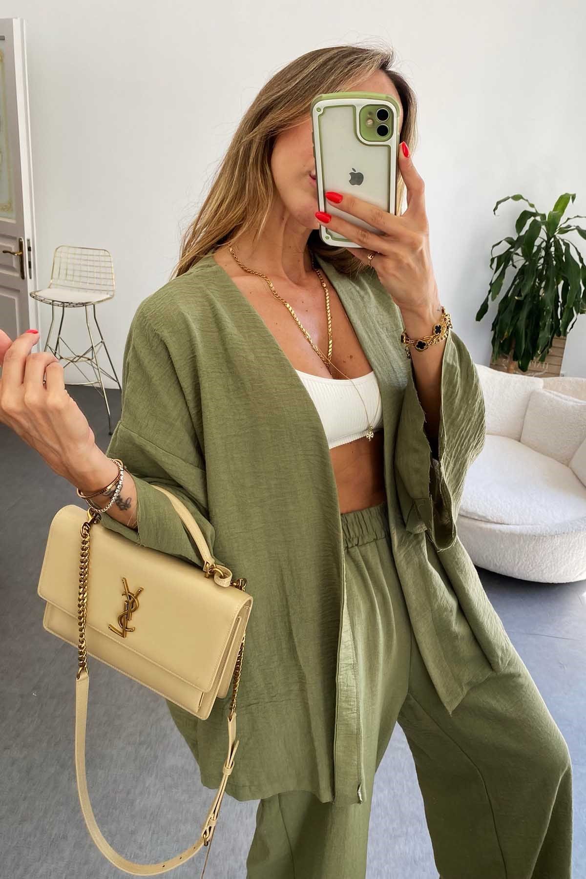Basic Keten Kimono Takım Haki