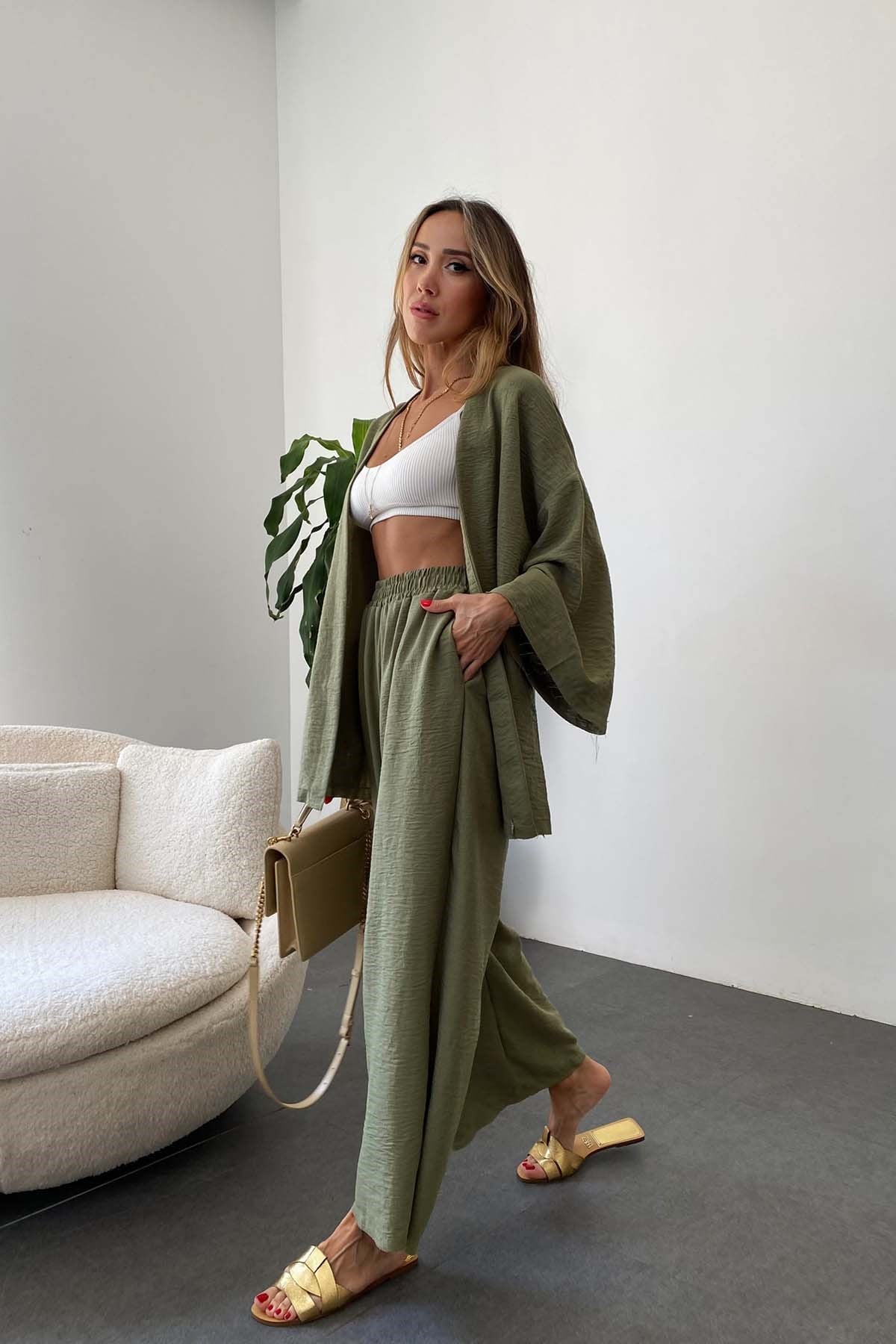 Basic Keten Kimono Takım Haki