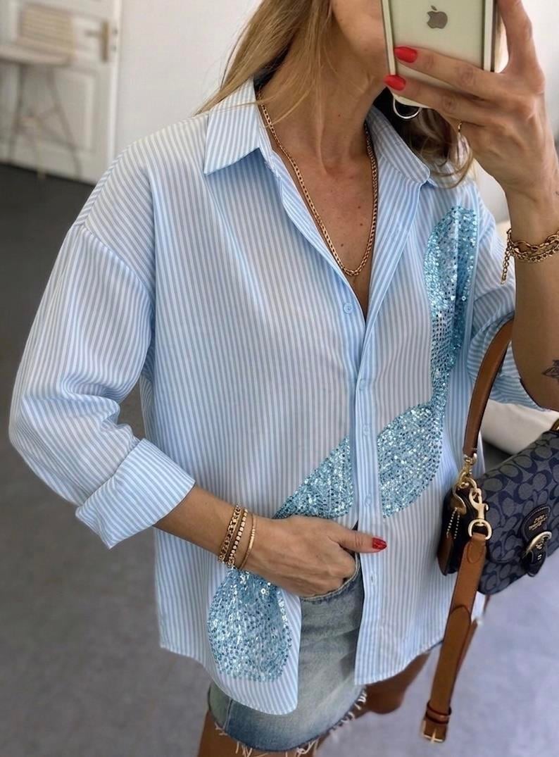 Bebe Mavi Boncuk İşlemeli Pera Oversize Gömlek