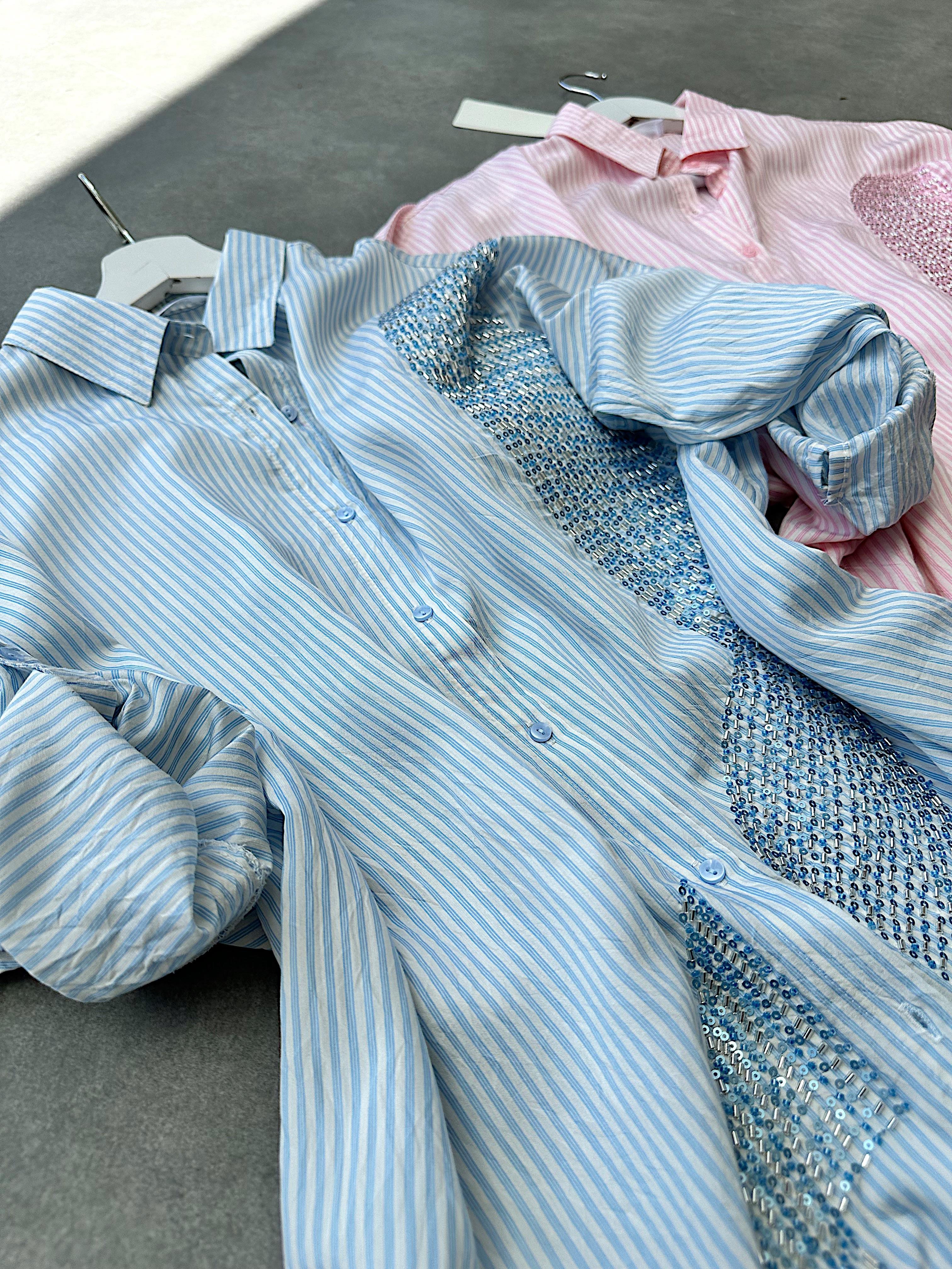 Bebe Mavi Taş İşlemeli Pera Oversize Gömlek