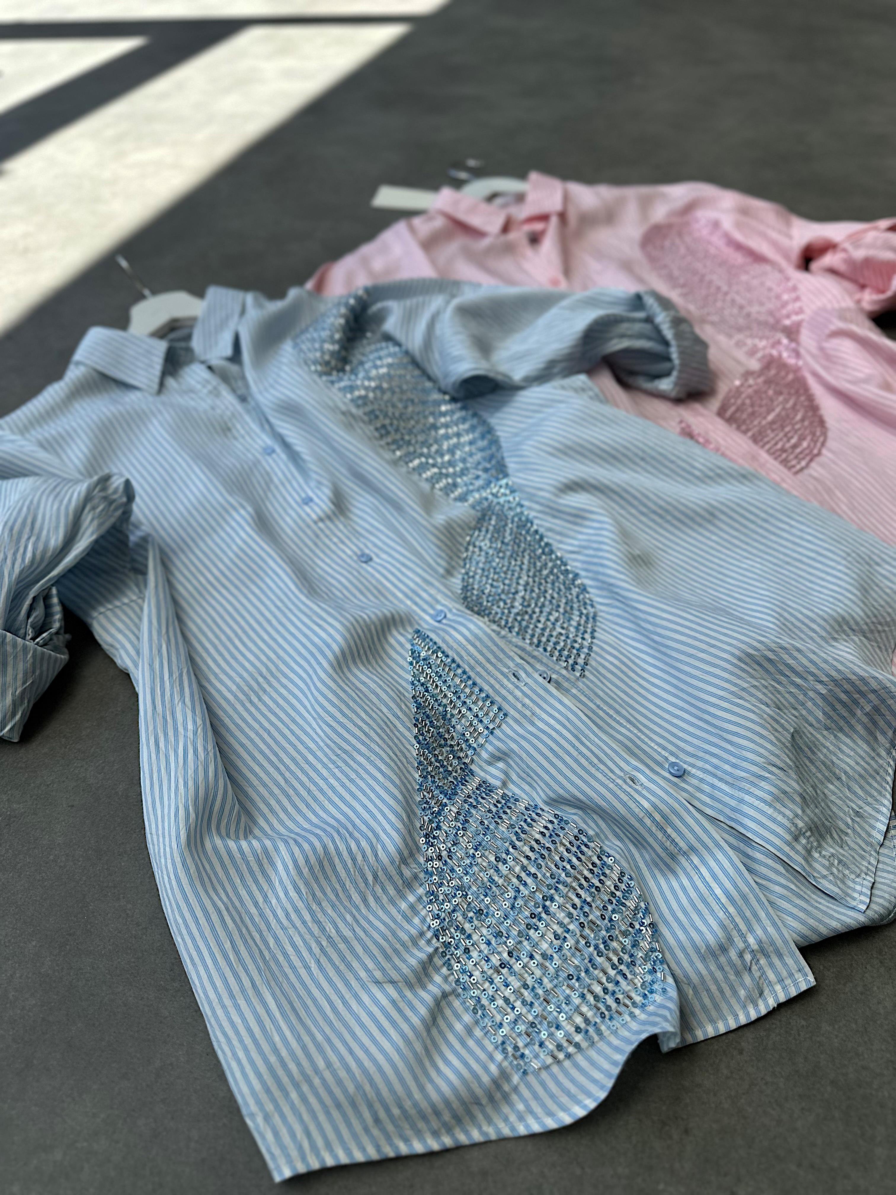 Bebe Mavi Taş İşlemeli Pera Oversize Gömlek