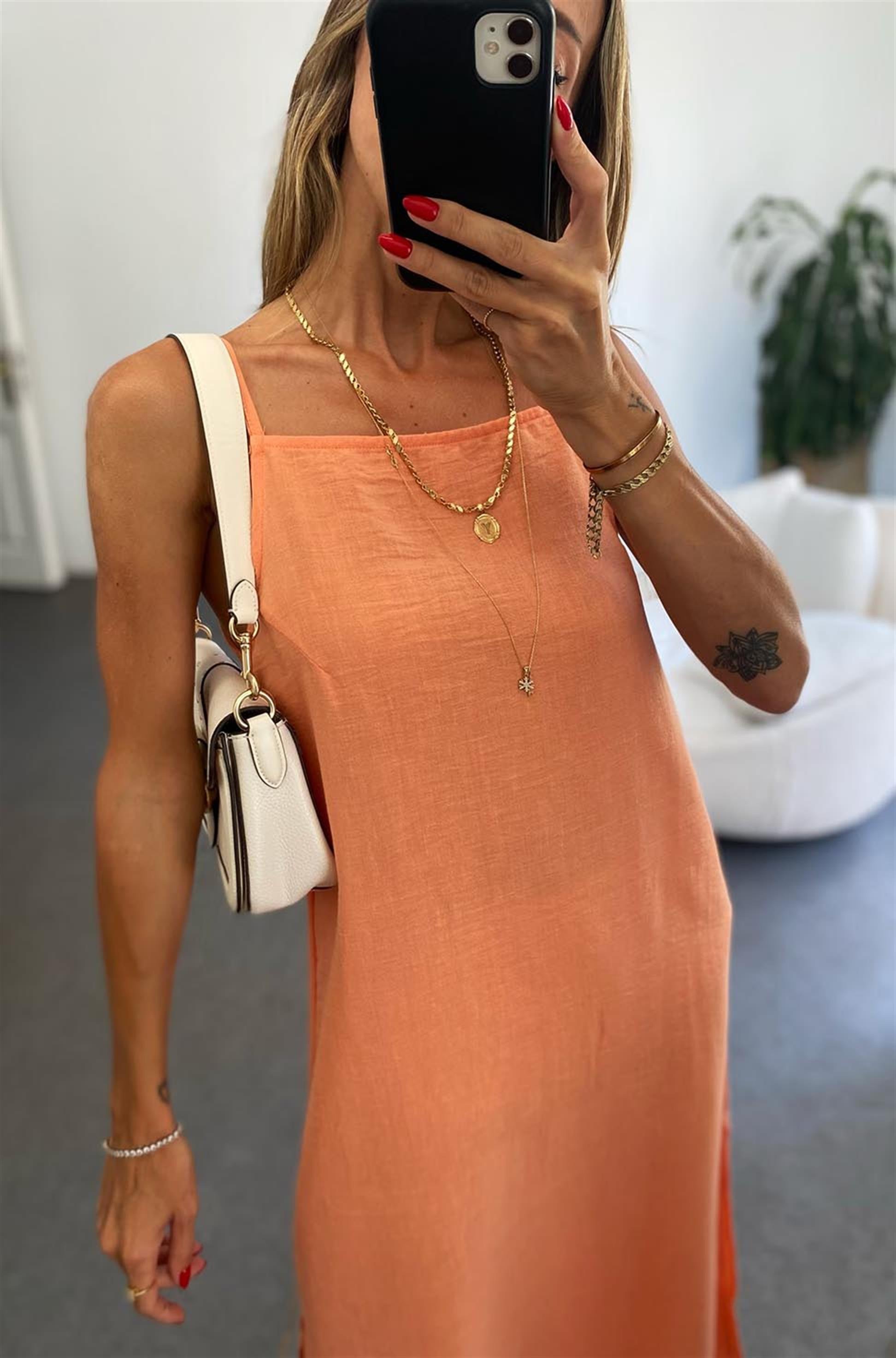 Bebe Plus İp Askılı Yırtmaçlı Midi Boy Keten Elbise Turuncu