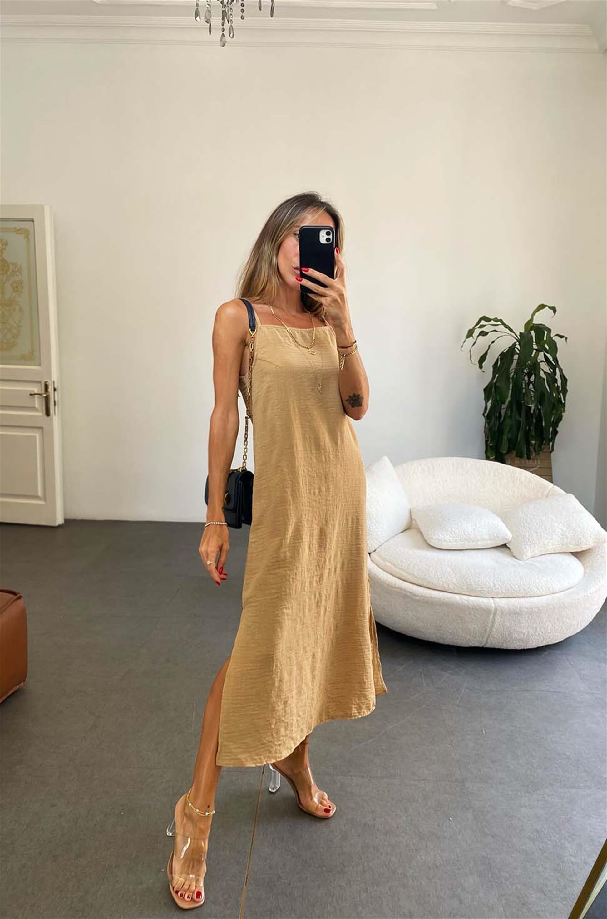 Bebe Plus İp Askılı Yırtmaçlı Midi Boy Keten Elbise Bej