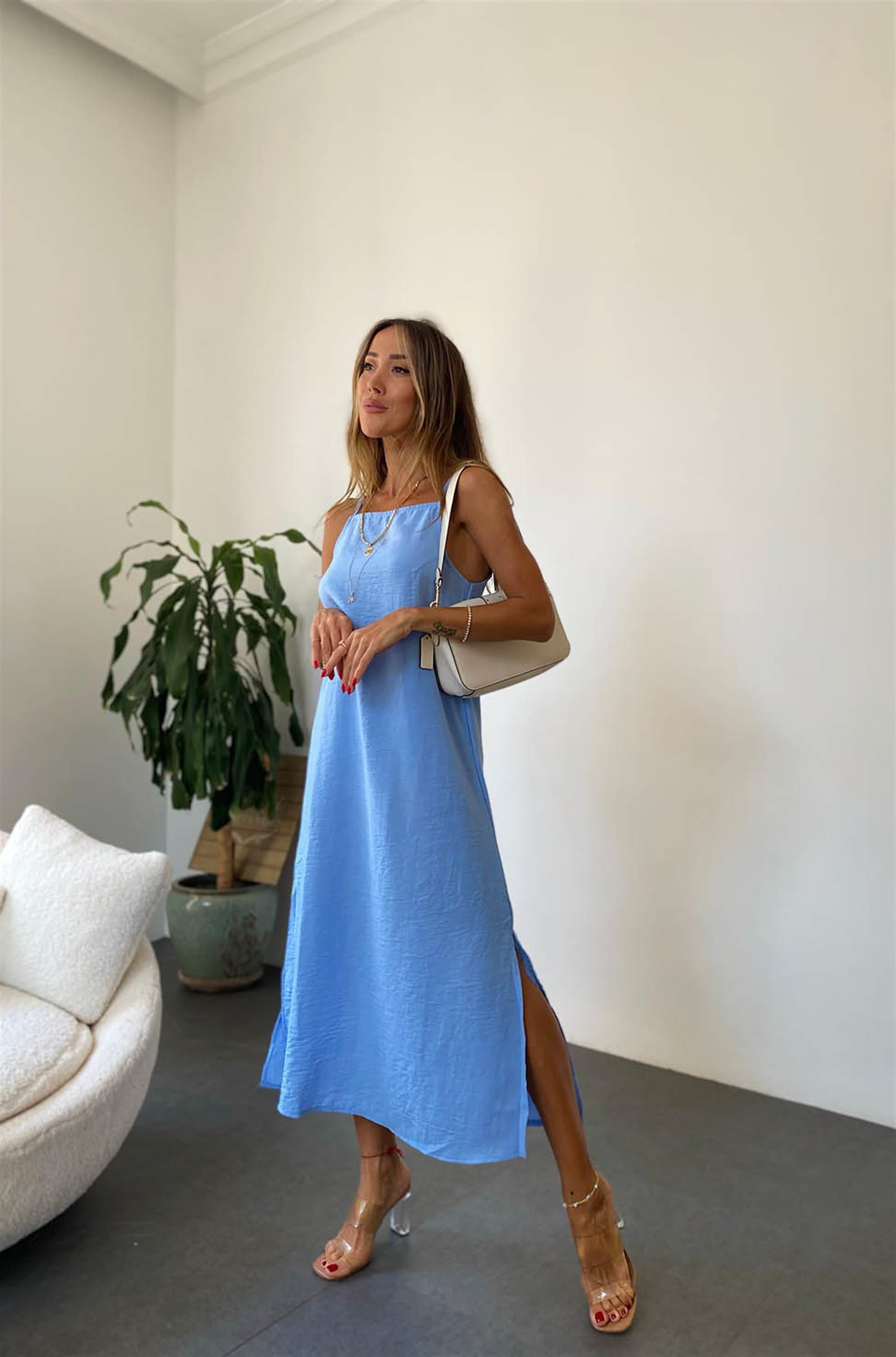 Bebe Plus İp Askılı Yırtmaçlı Midi Boy Keten Elbise Bebe Mavisi