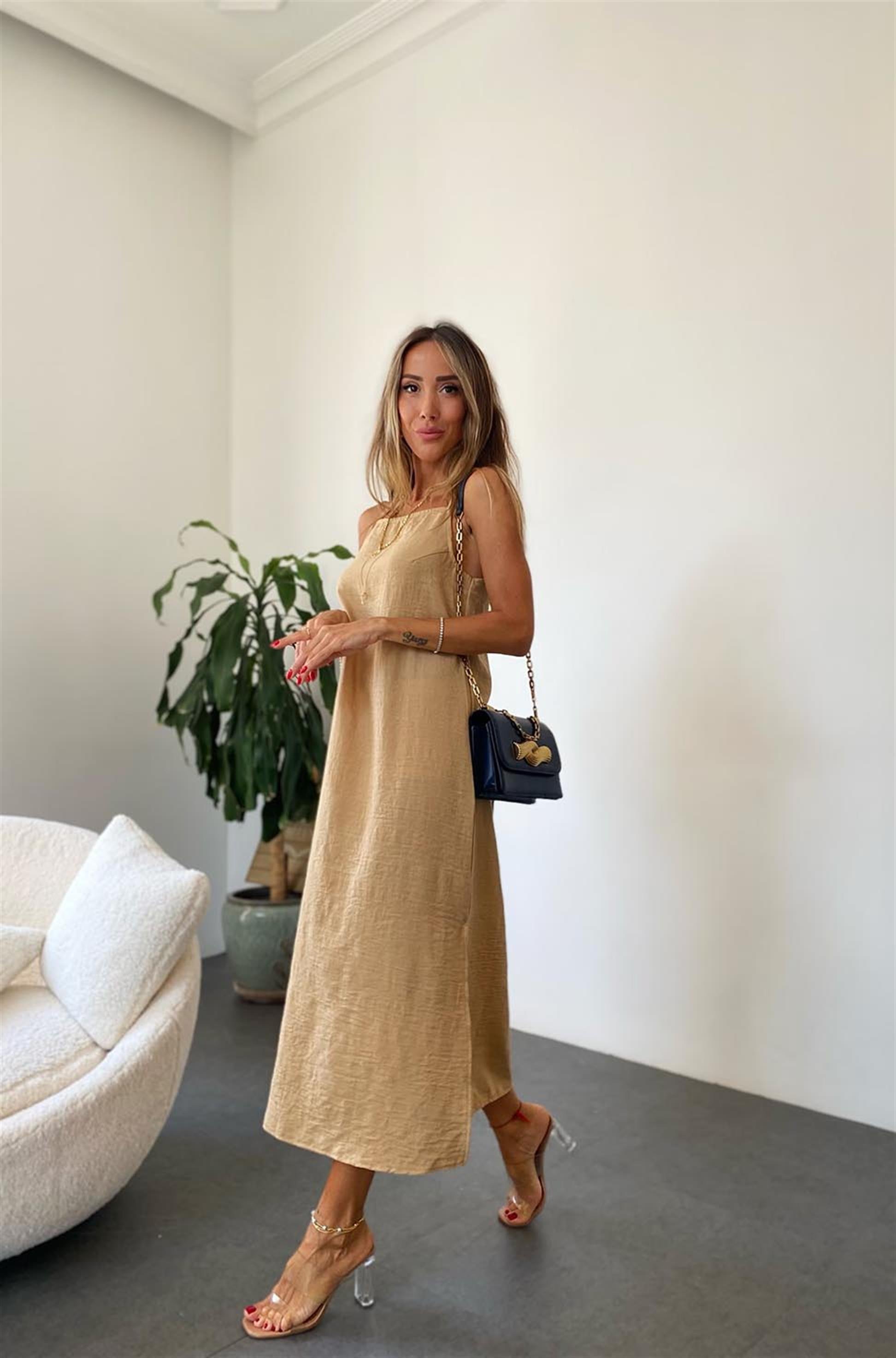 Bebe Plus İp Askılı Yırtmaçlı Midi Boy Keten Elbise Bej