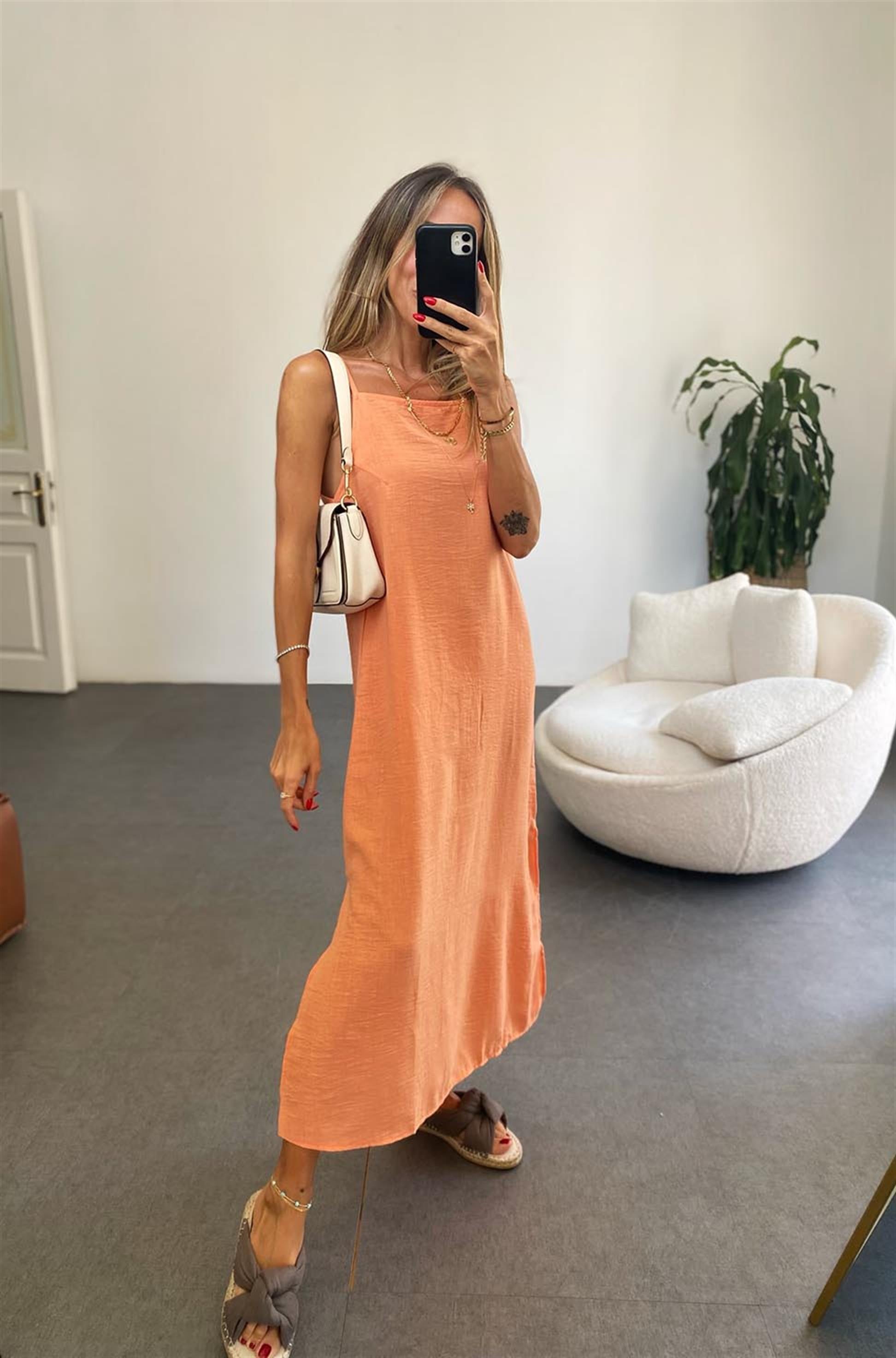 Bebe Plus İp Askılı Yırtmaçlı Midi Boy Keten Elbise Turuncu