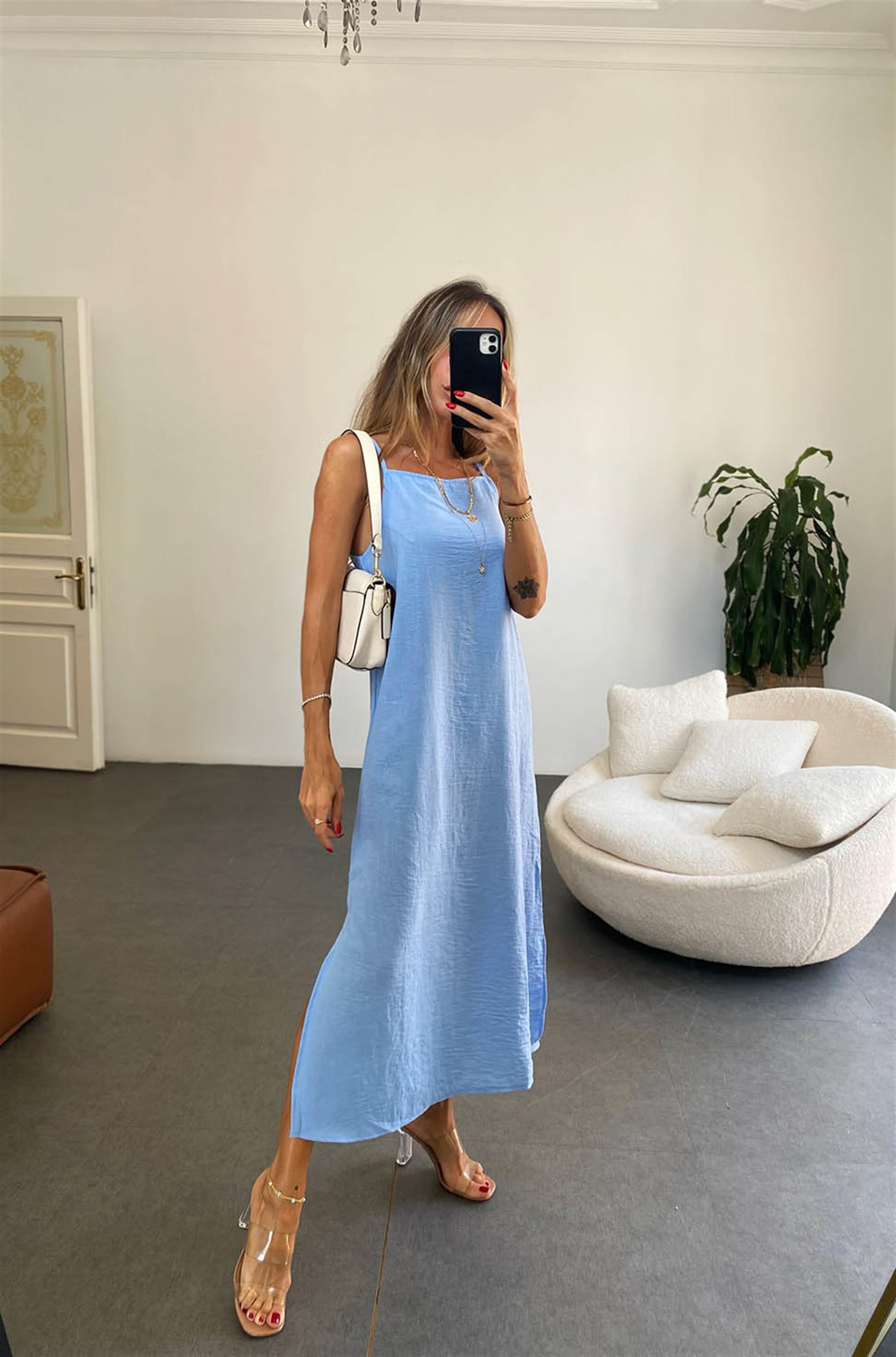 Bebe Plus İp Askılı Yırtmaçlı Midi Boy Keten Elbise Bebe Mavisi