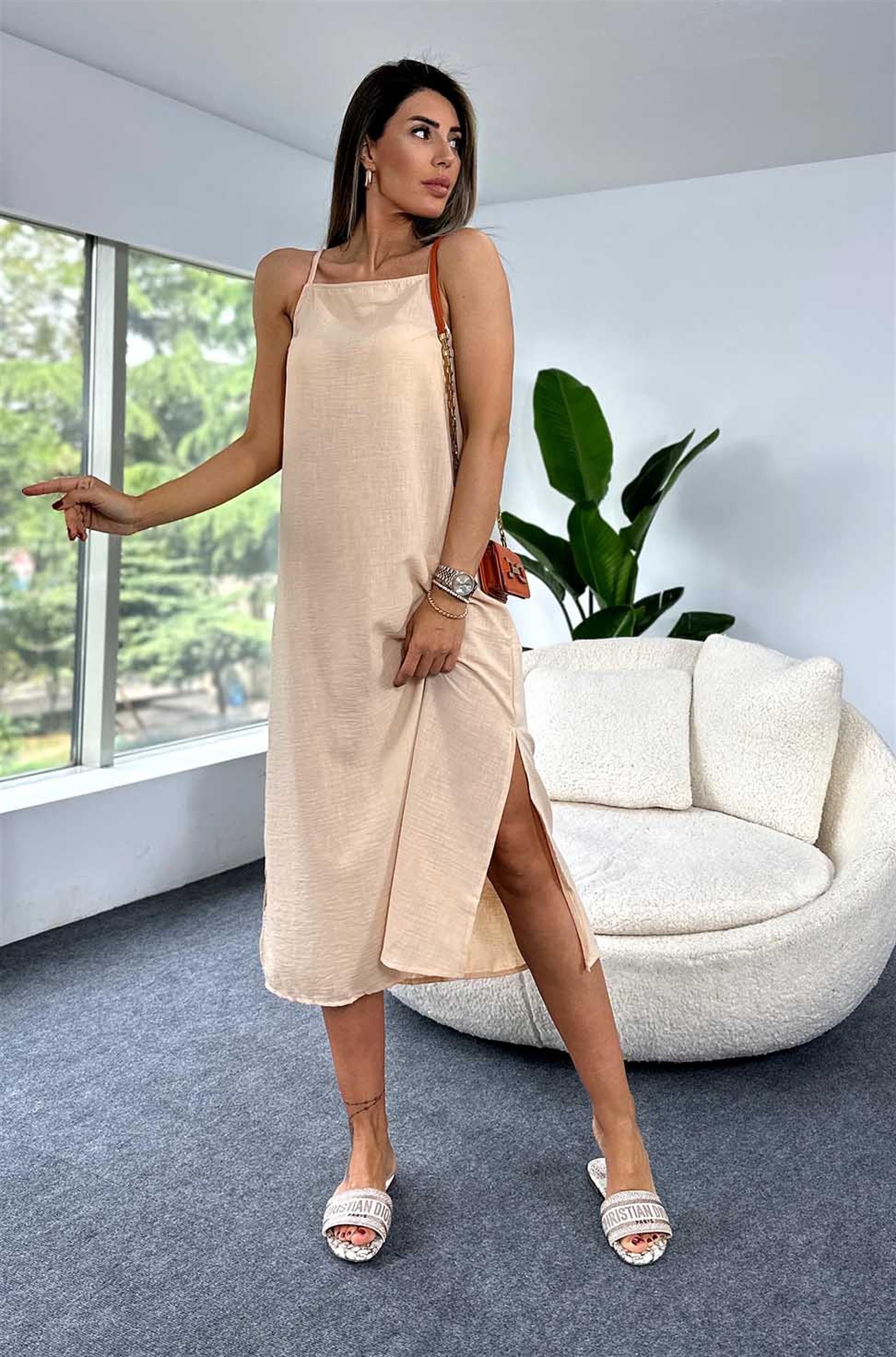 Bebe Plus İp Askılı Yırtmaçlı Midi Boy Keten Elbise Şeftali