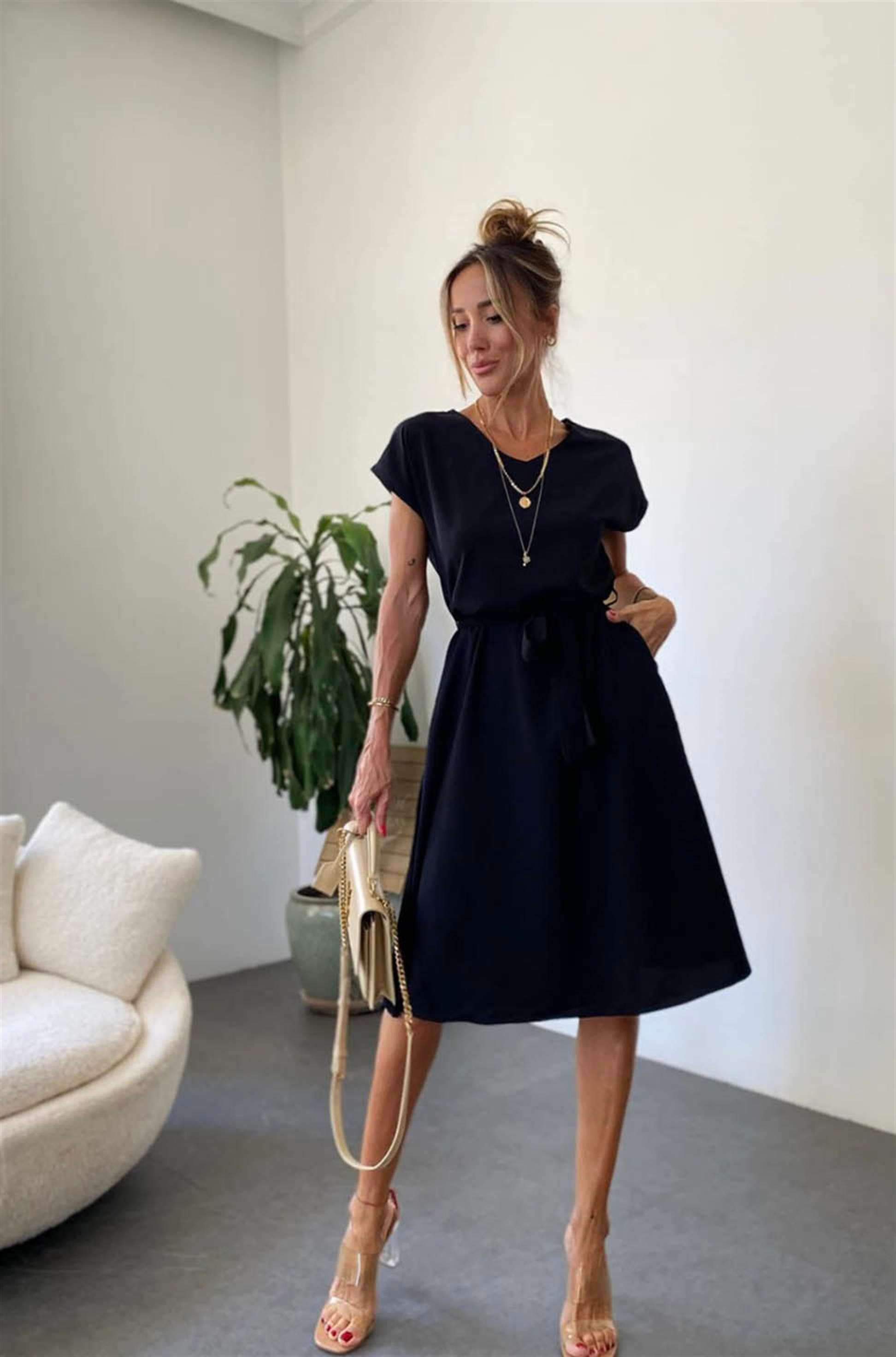 Bebe Plus Kuşaklı Basic Kloş Elbise Siyah