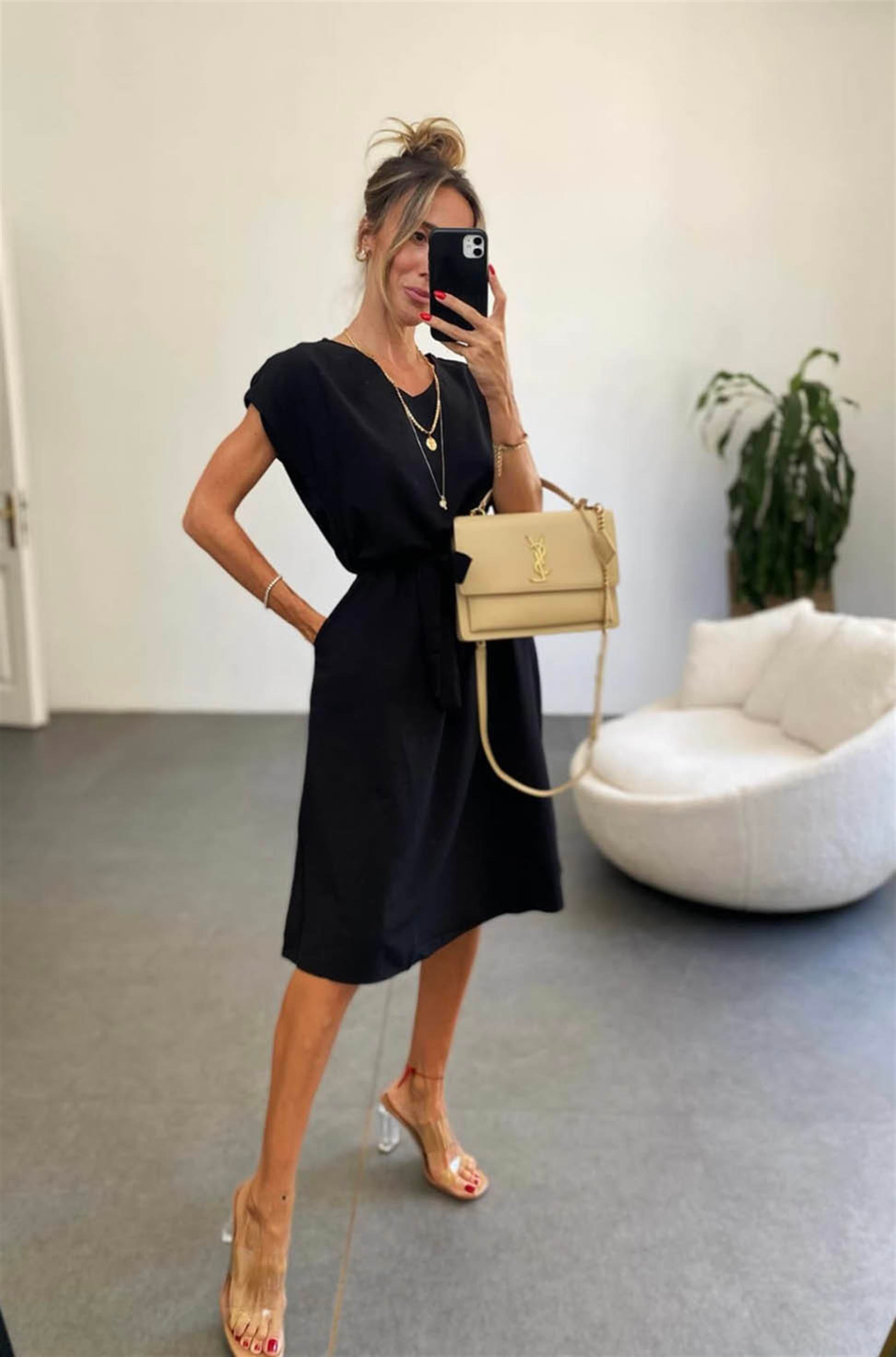 Bebe Plus Kuşaklı Basic Kloş Elbise Siyah