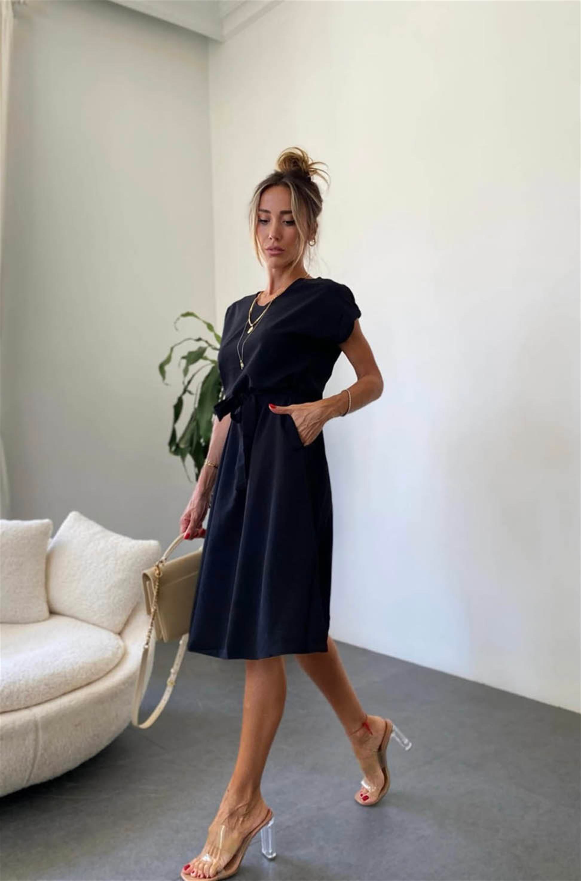 Bebe Plus Kuşaklı Basic Kloş Elbise Siyah