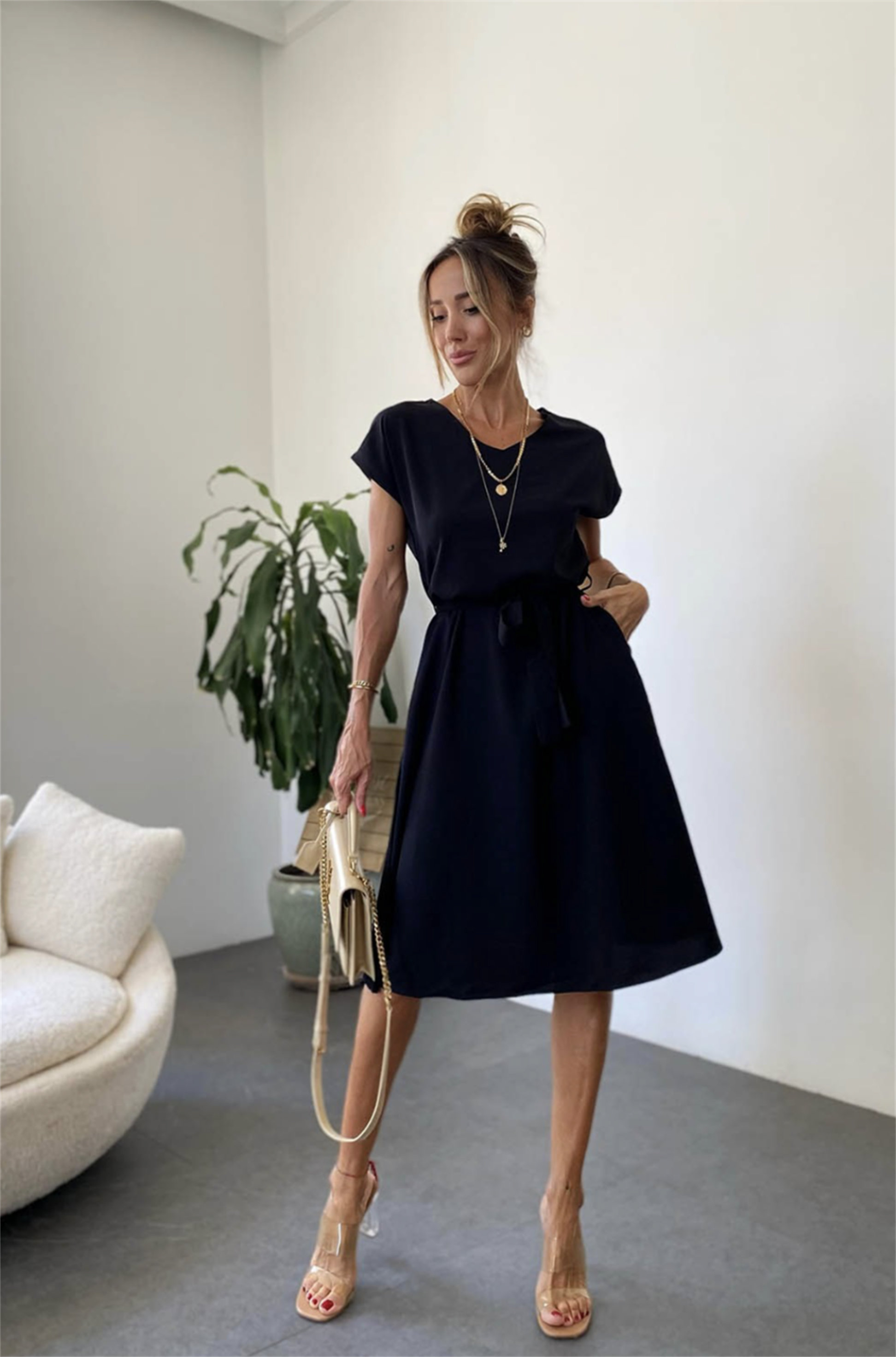 Bebe Plus Kuşaklı Basic Kloş Elbise Siyah