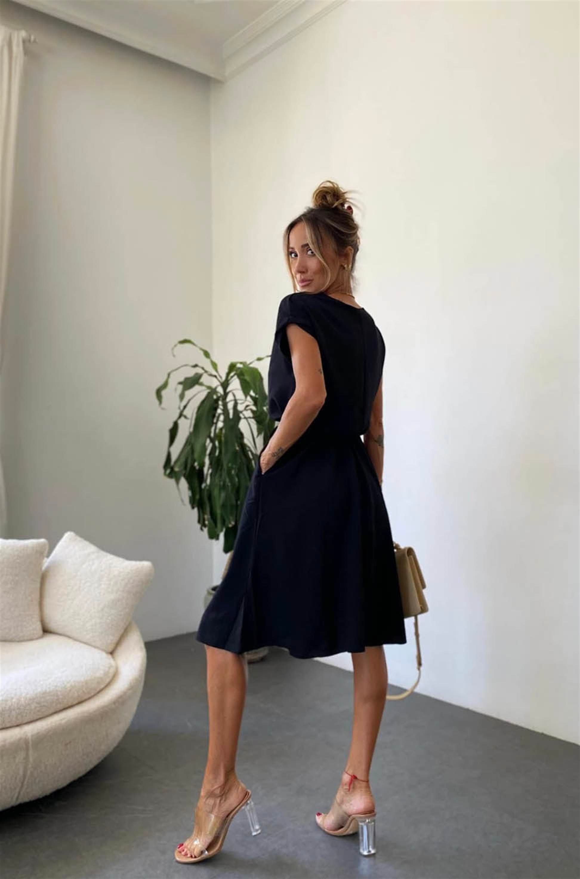 Bebe Plus Kuşaklı Basic Kloş Elbise Siyah