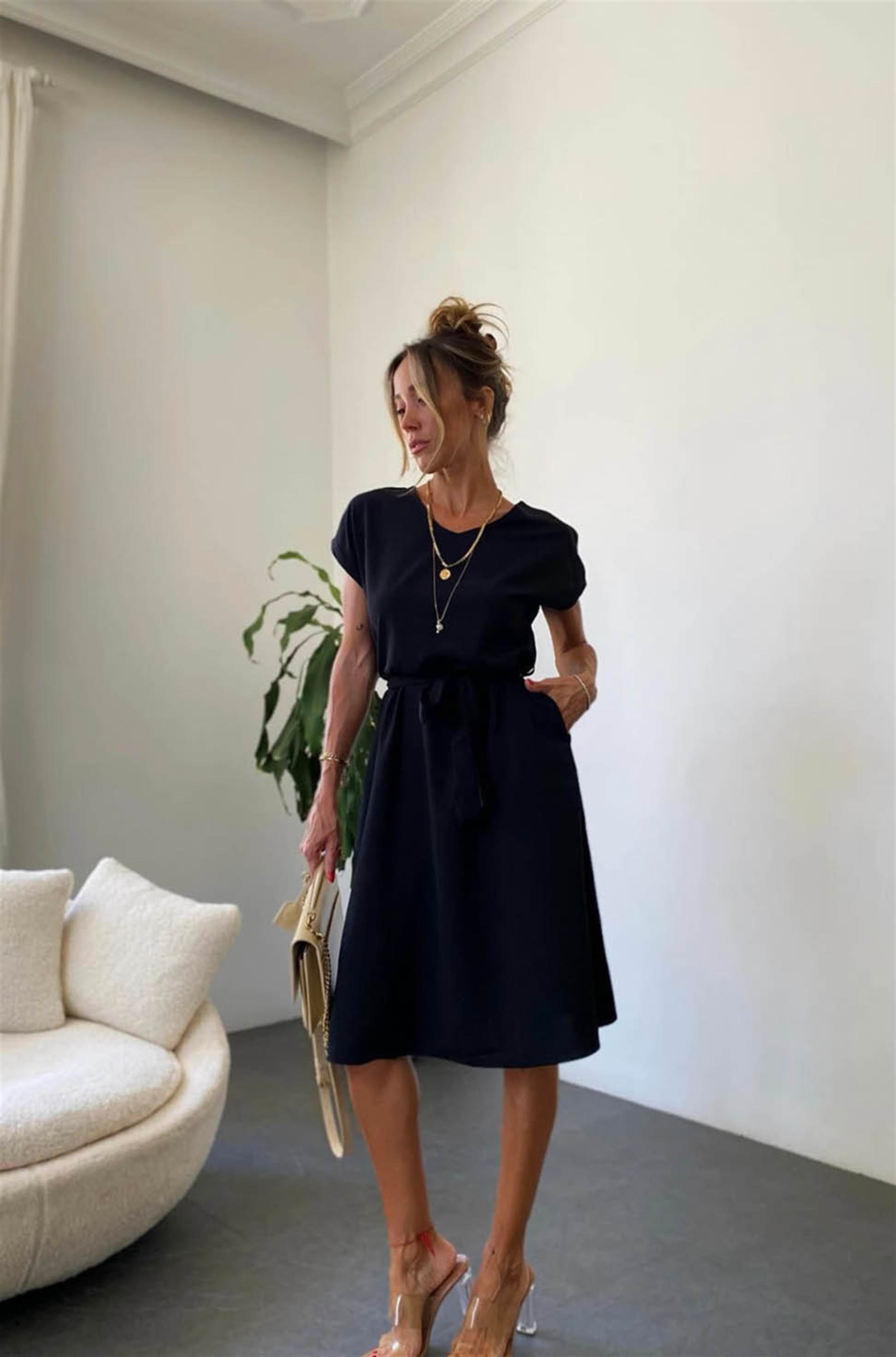 Bebe Plus Kuşaklı Basic Kloş Elbise Siyah