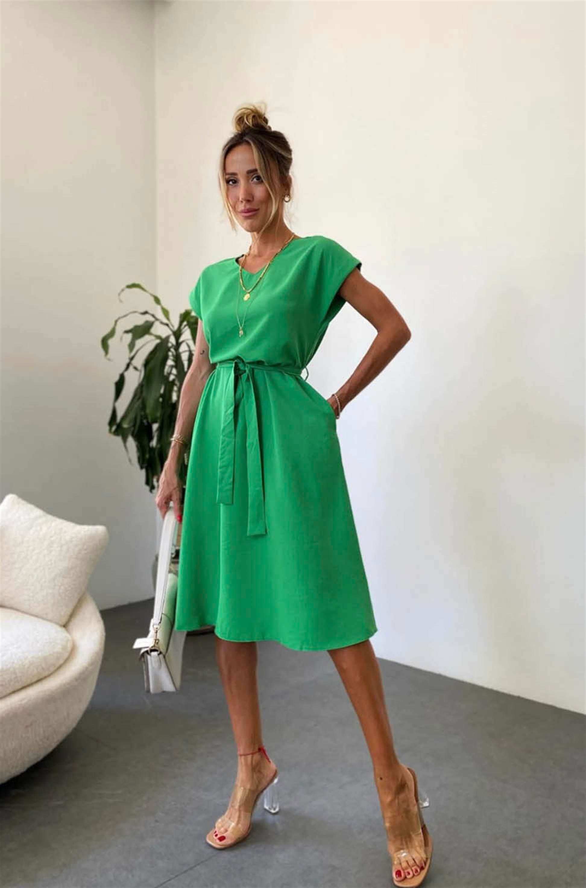 Bebe Plus Kuşaklı Basic Kloş Elbise Yeşil