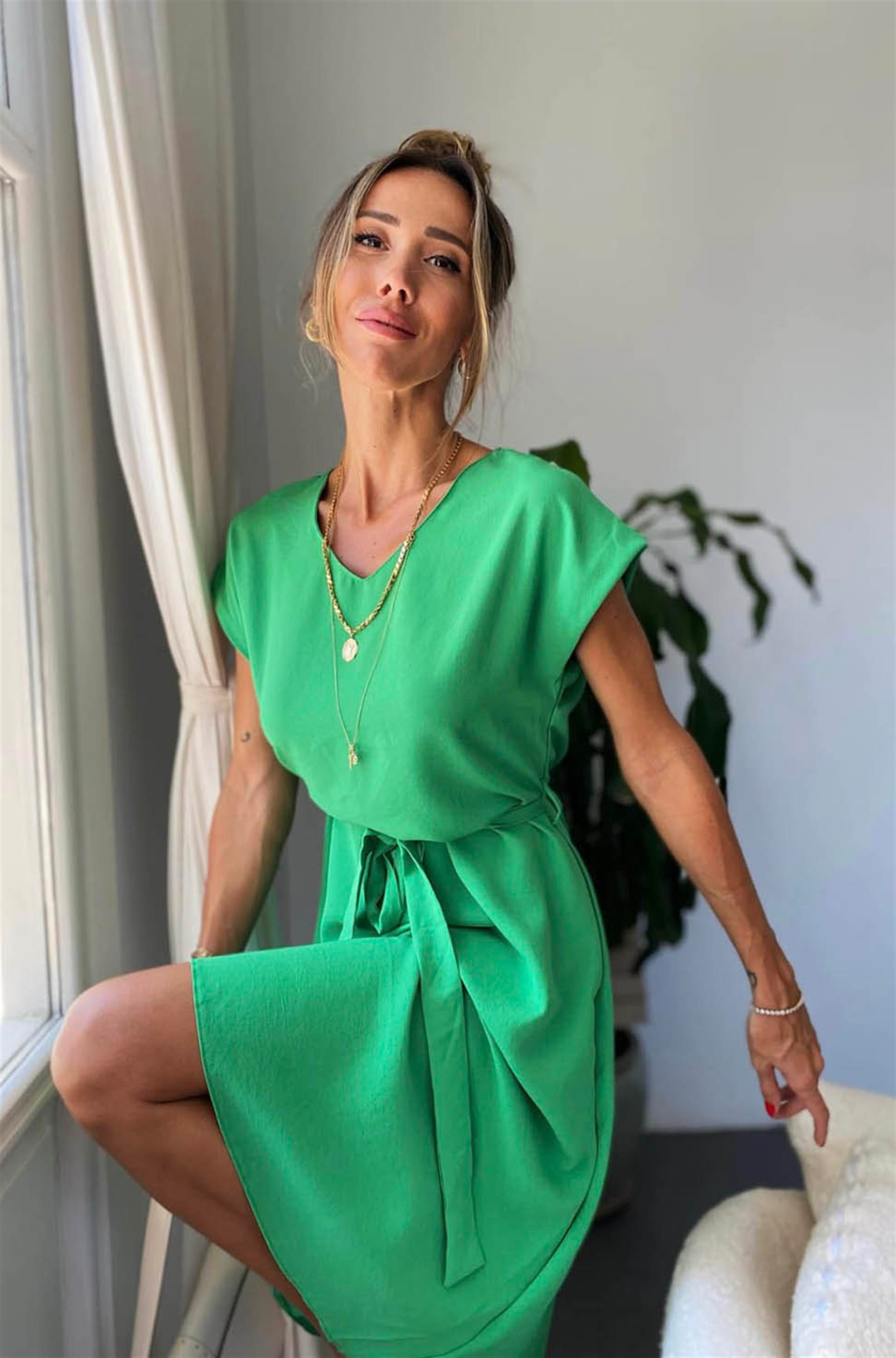 Bebe Plus Kuşaklı Basic Kloş Elbise Yeşil