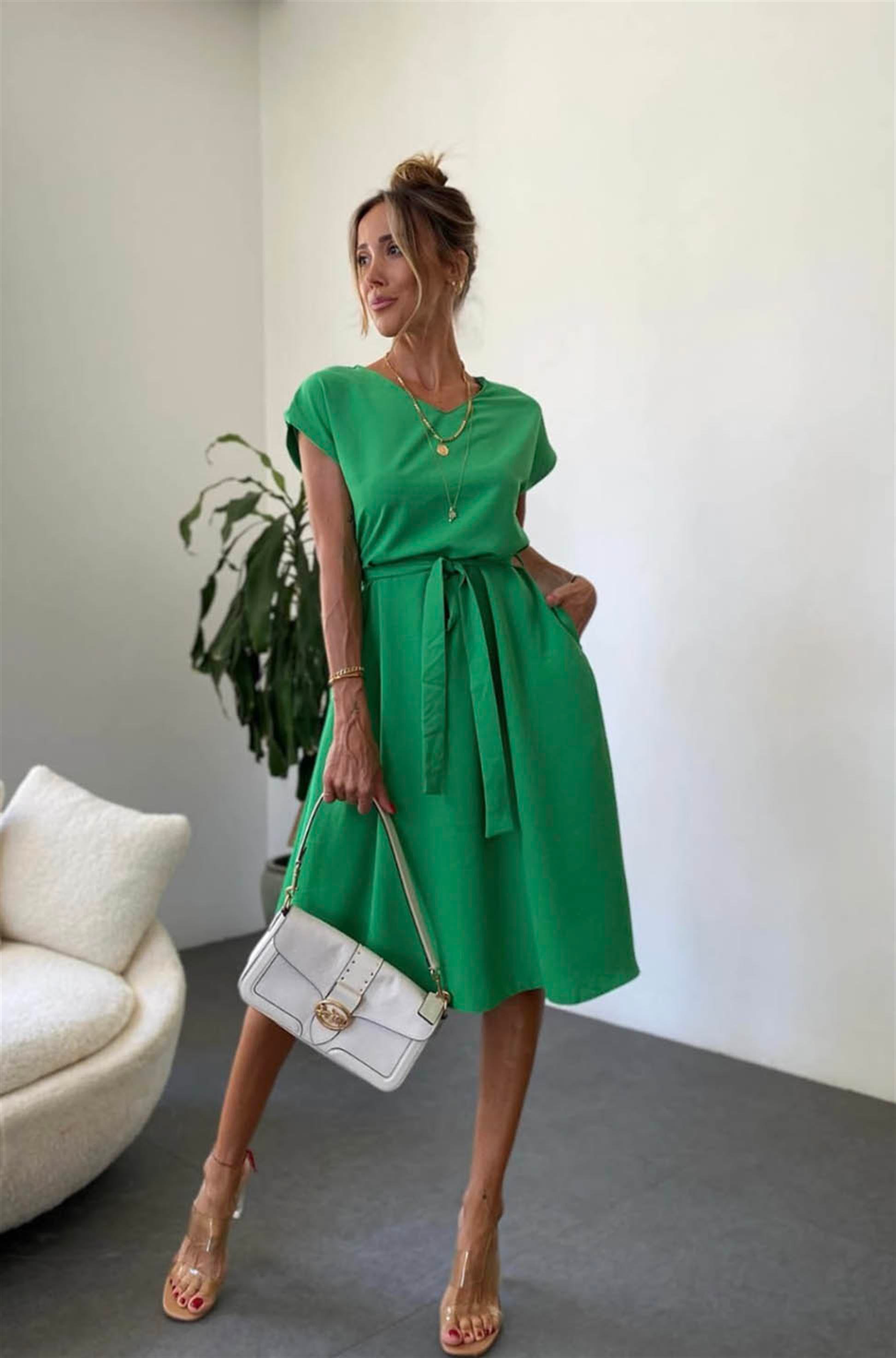 Bebe Plus Kuşaklı Basic Kloş Elbise Yeşil