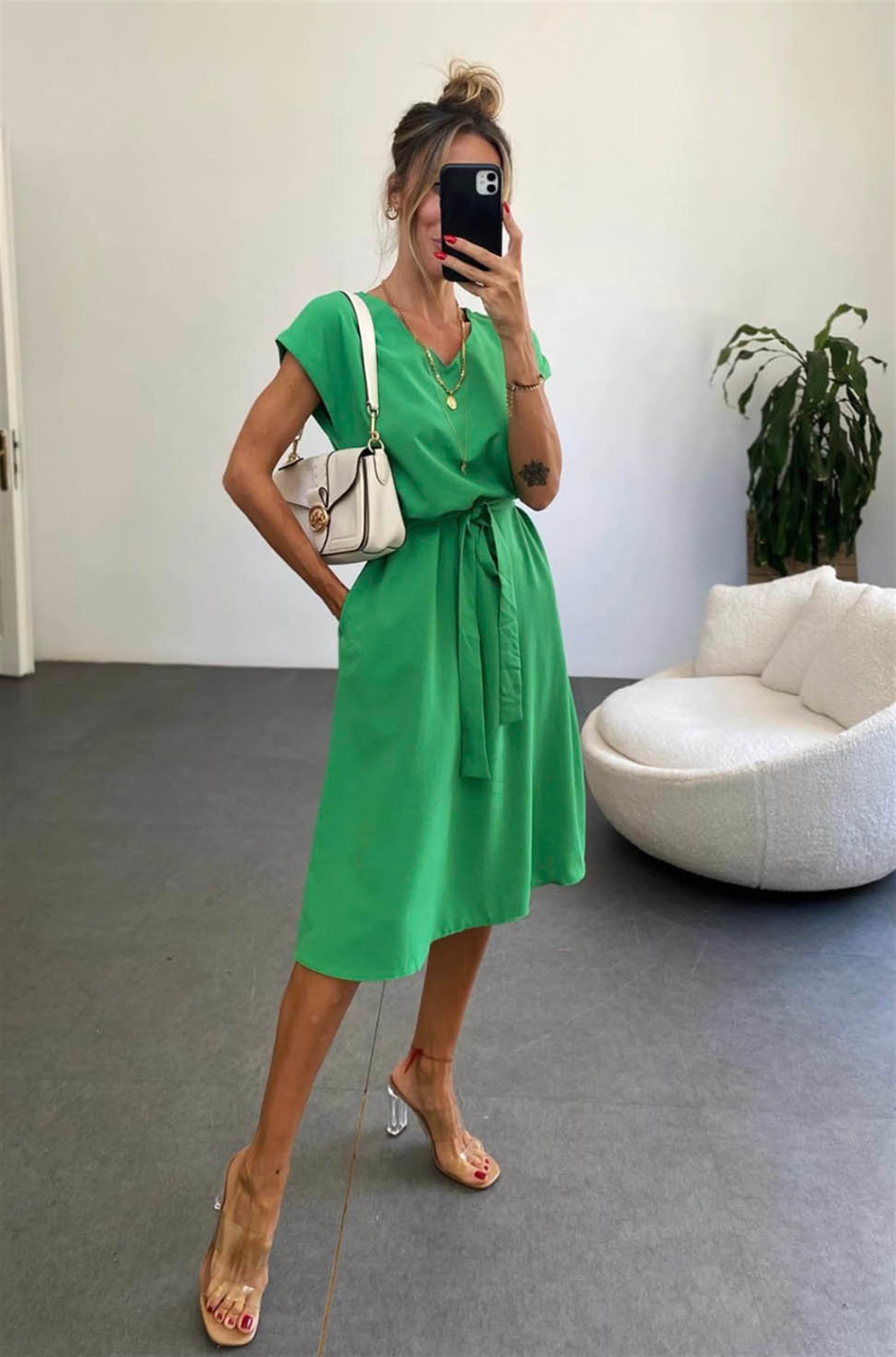 Bebe Plus Kuşaklı Basic Kloş Elbise Yeşil