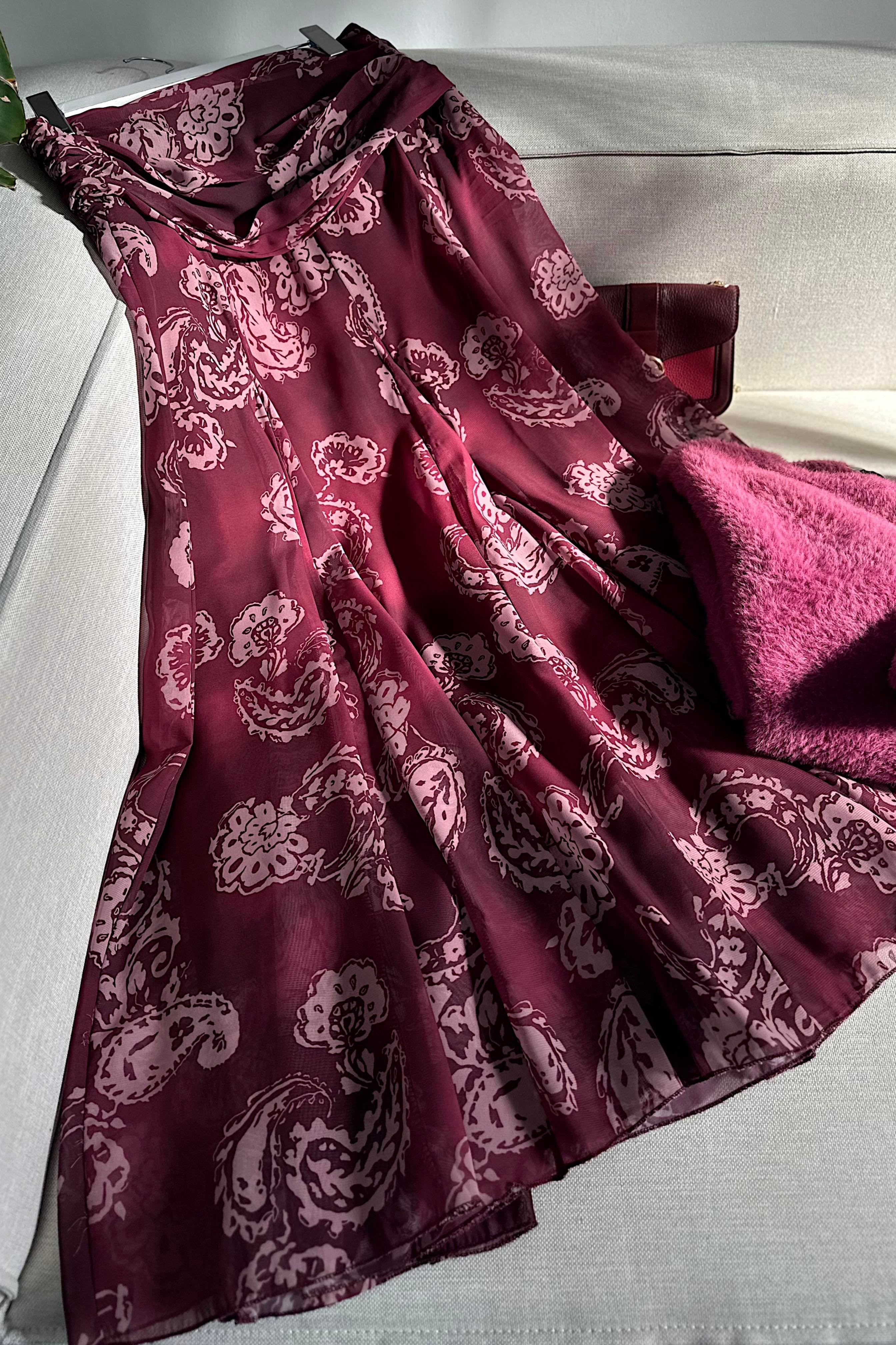Bel Drape Detaylı Şal Desen Şifon Etek Bordo