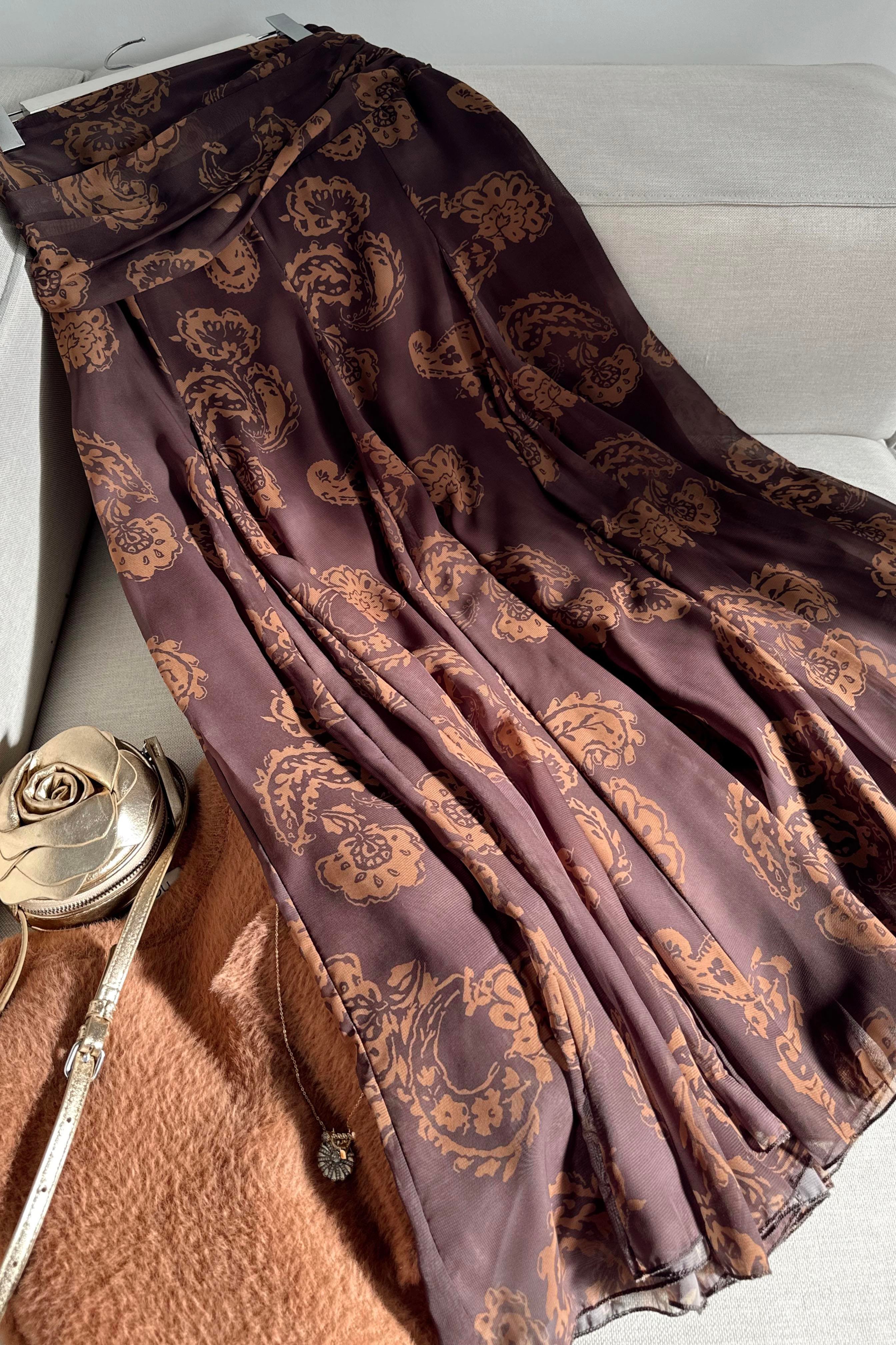 Bel Drape Detaylı Şal Desen Şifon Etek Kahverengi