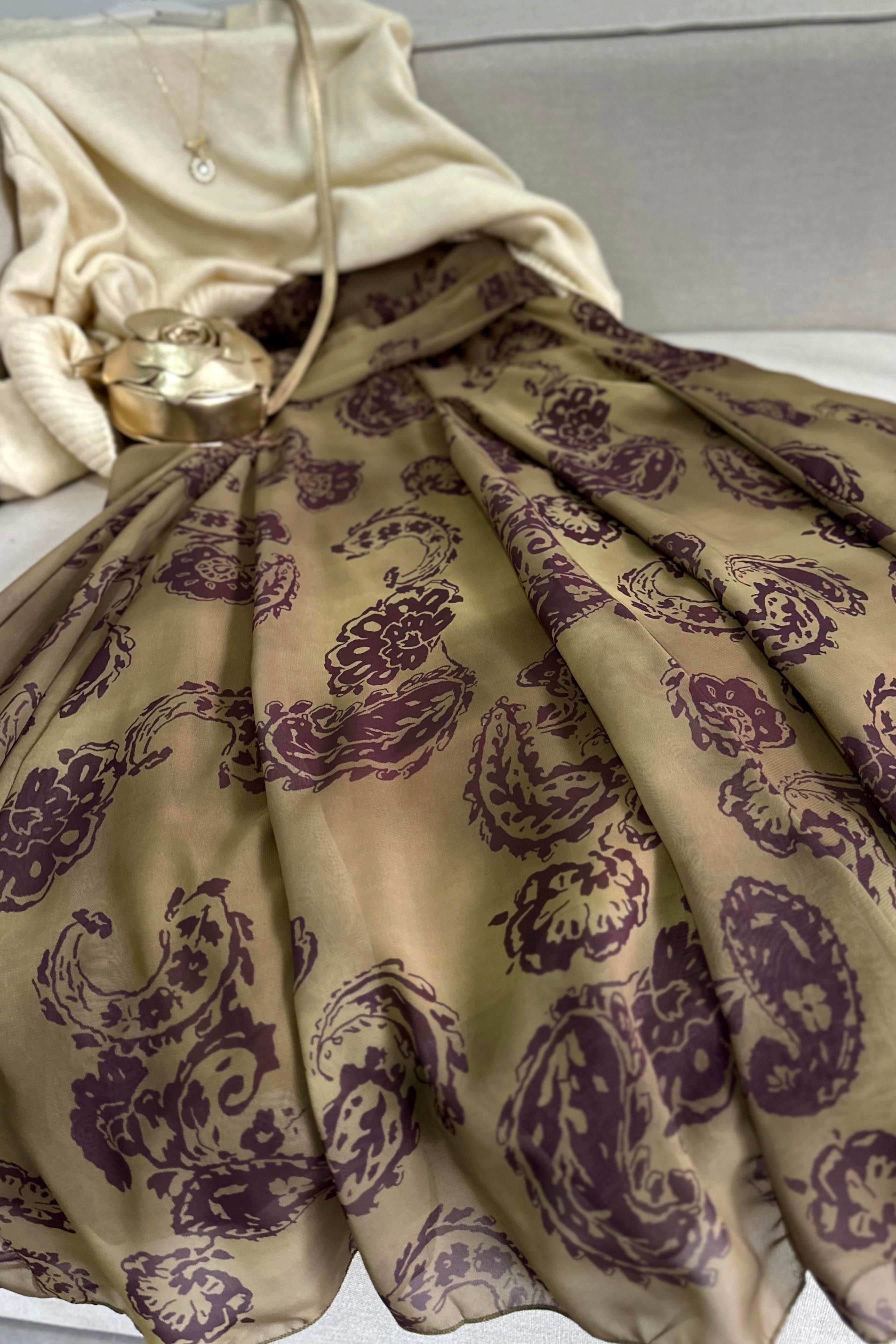 Bel Drape Detaylı Şal Desen Şifon Etek Yağ Yeşili