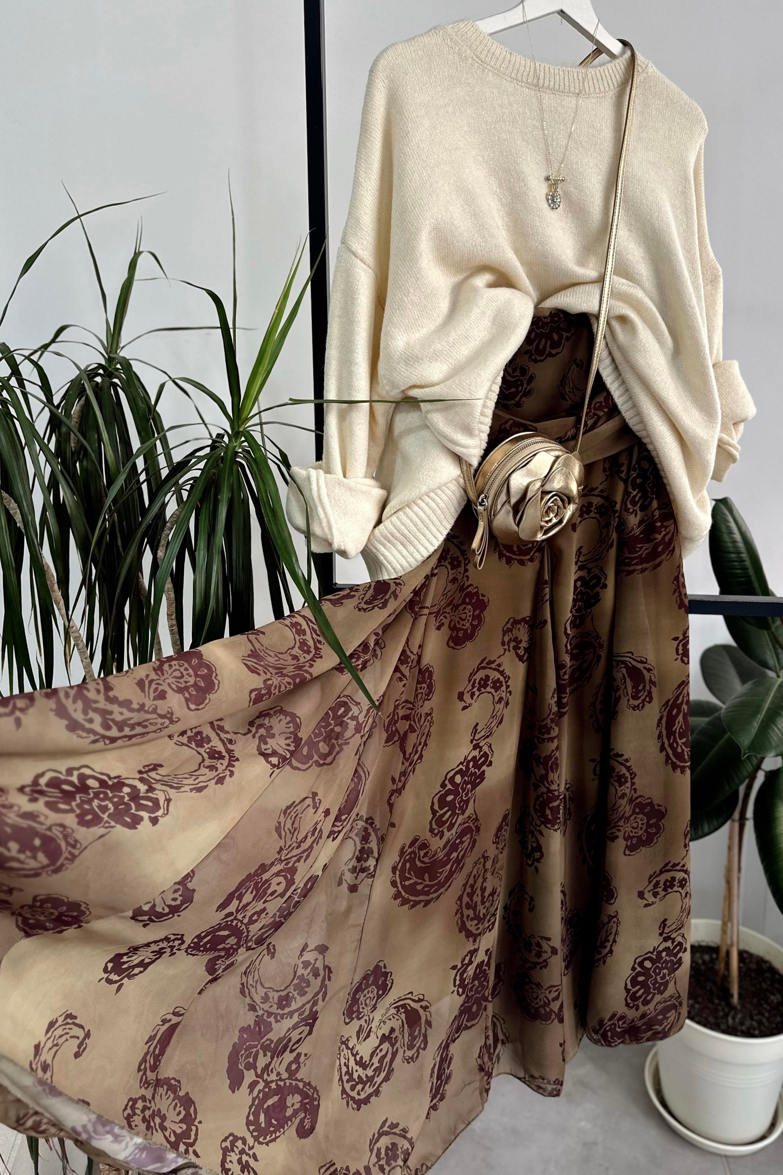 Bel Drape Detaylı Şal Desen Şifon Etek Yağ Yeşili