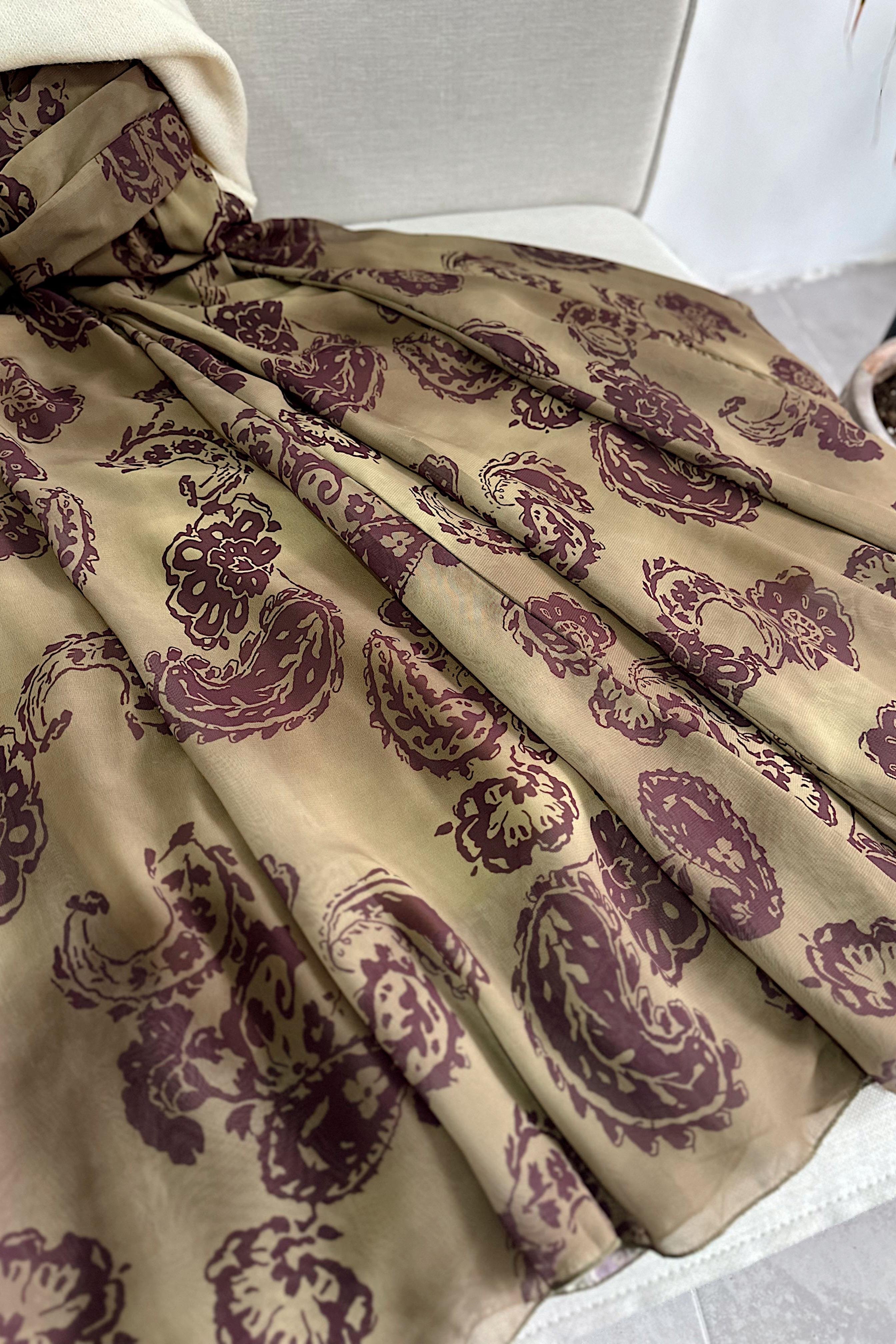 Bel Drape Detaylı Şal Desen Şifon Etek Yağ Yeşili