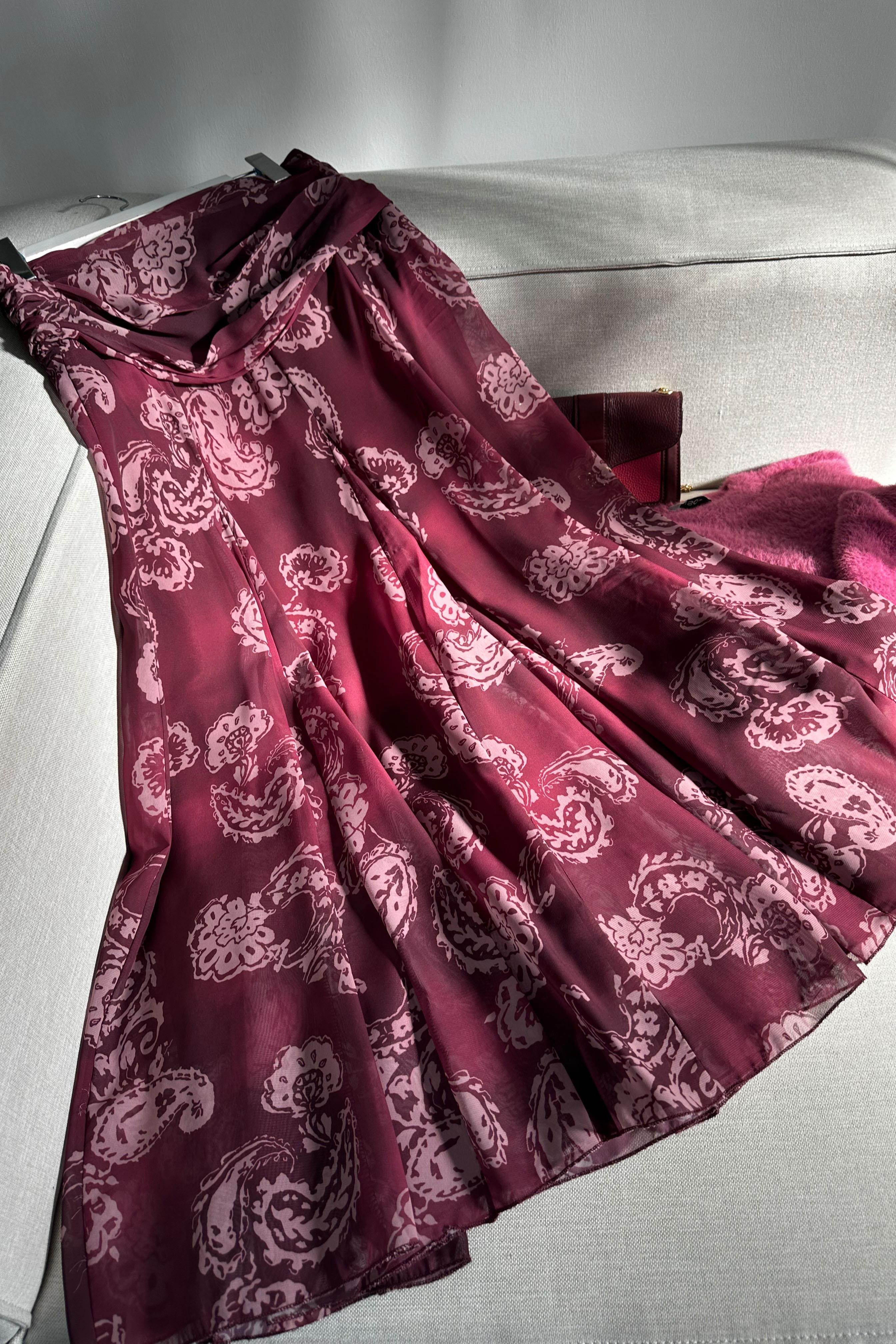 Bel Drape Detaylı Şal Desen Şifon Etek Bordo
