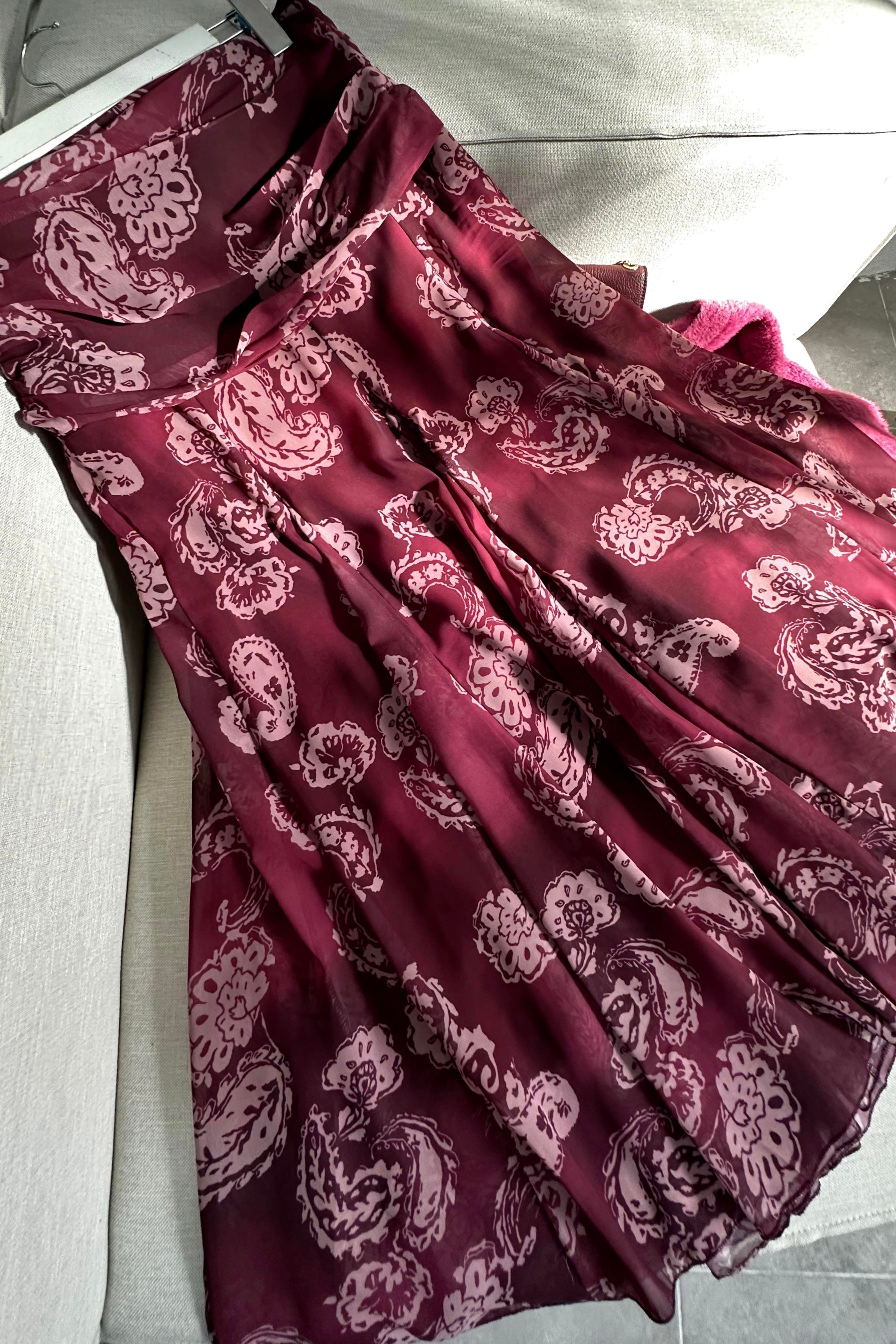 Bel Drape Detaylı Şal Desen Şifon Etek Bordo