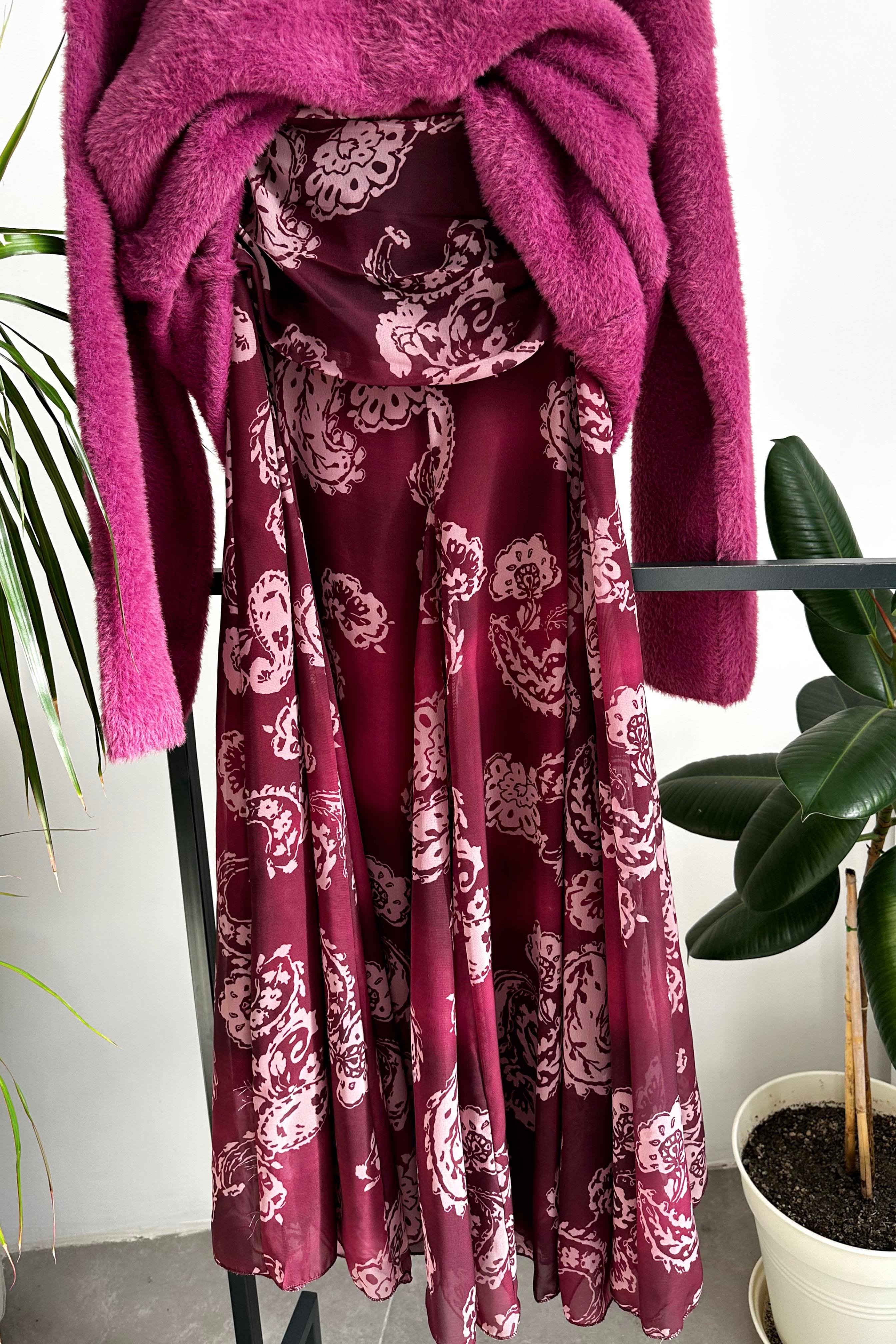 Bel Drape Detaylı Şal Desen Şifon Etek Bordo