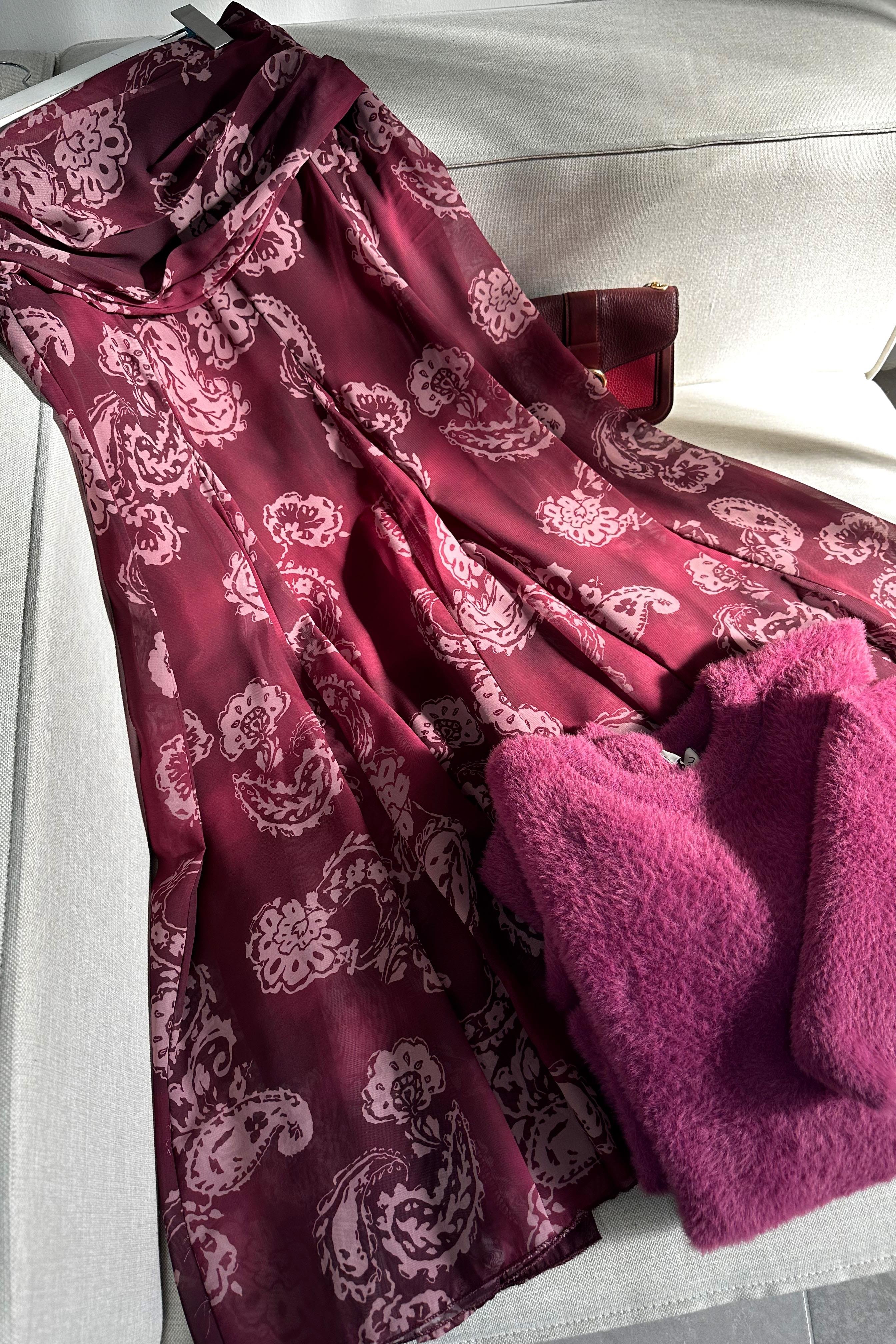 Bel Drape Detaylı Şal Desen Şifon Etek Bordo