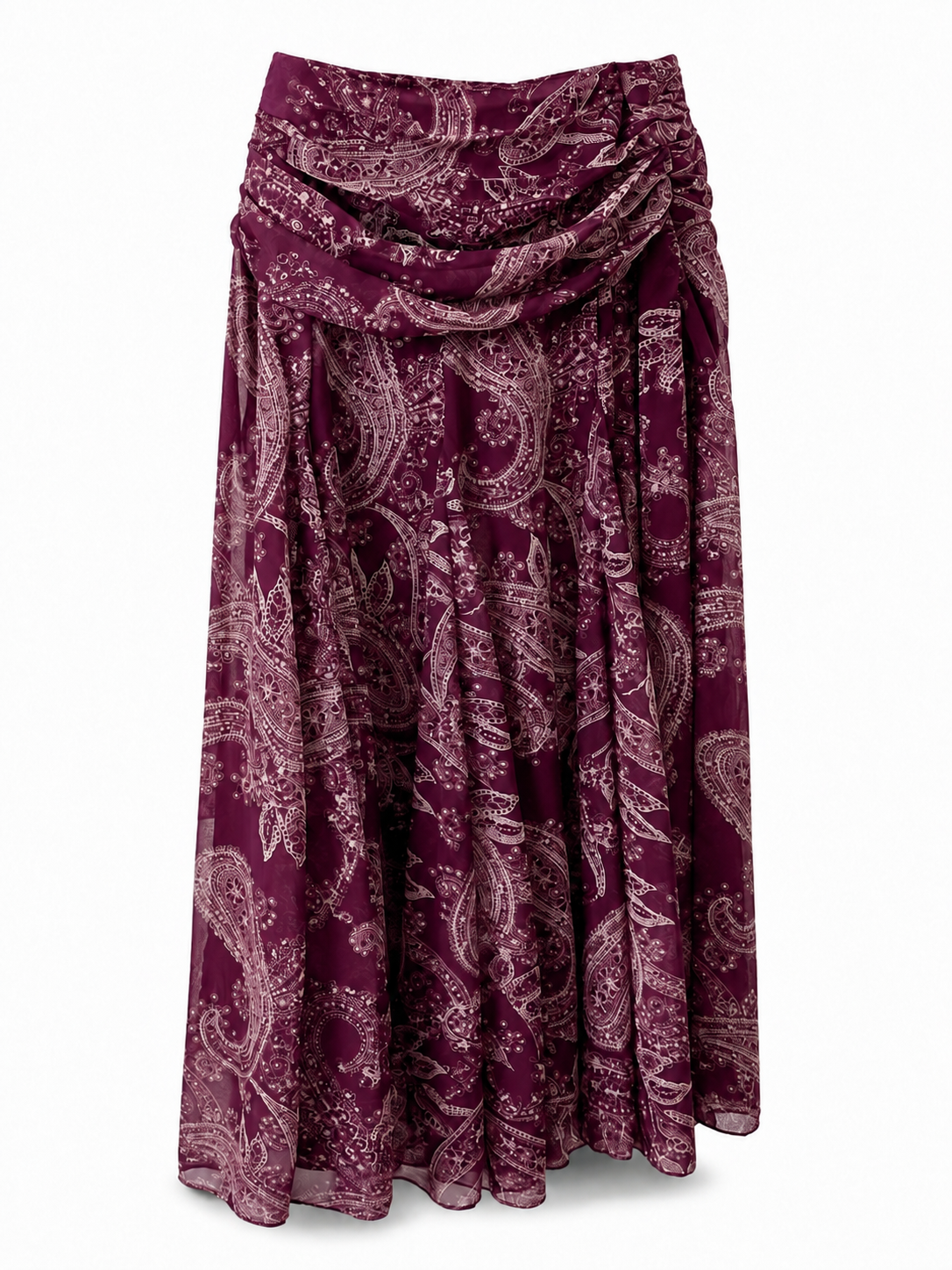 Bel Drape Şal Desen Şifon Etek Bordo