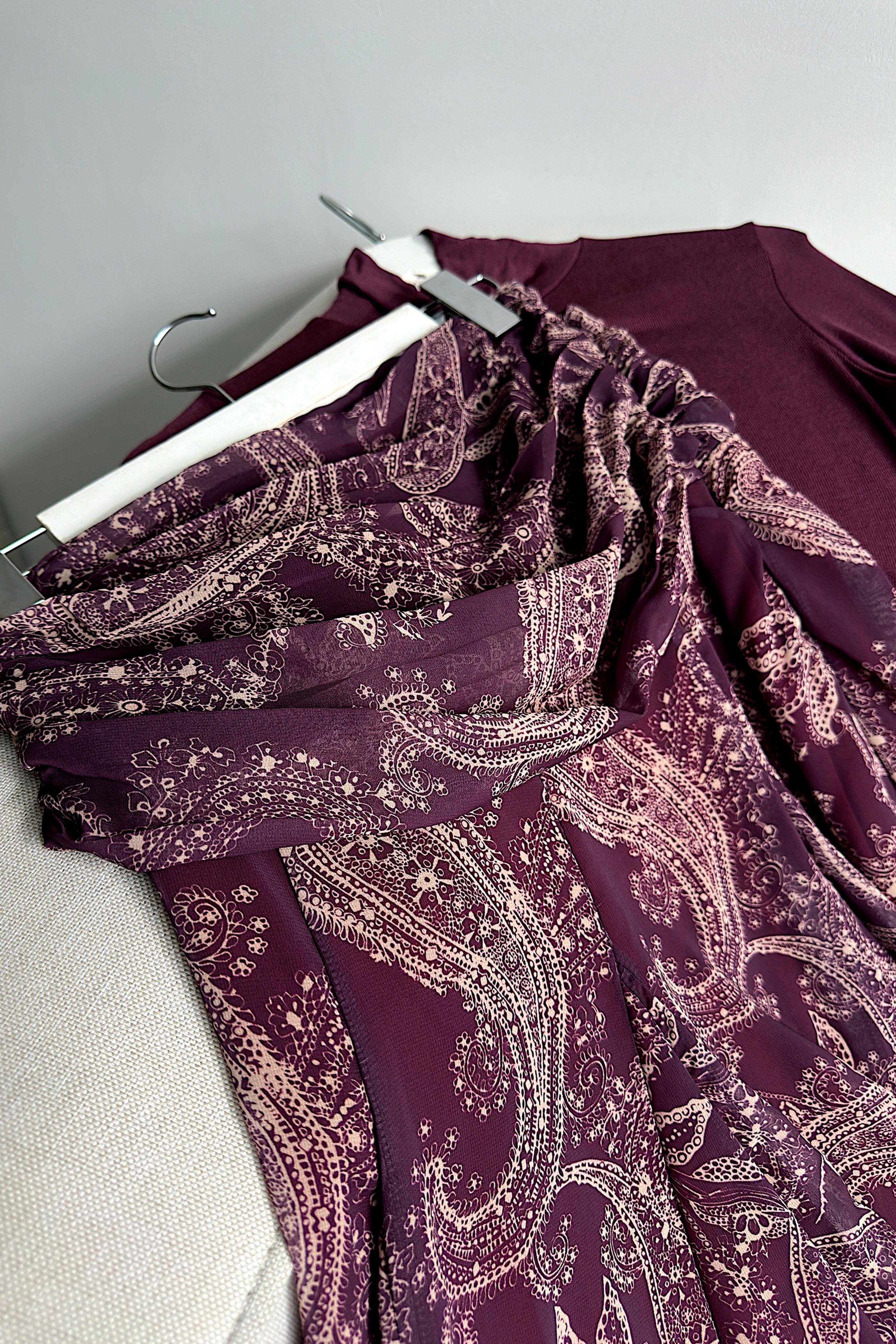 Bel Drape Şal Desen Şifon Etek Bordo