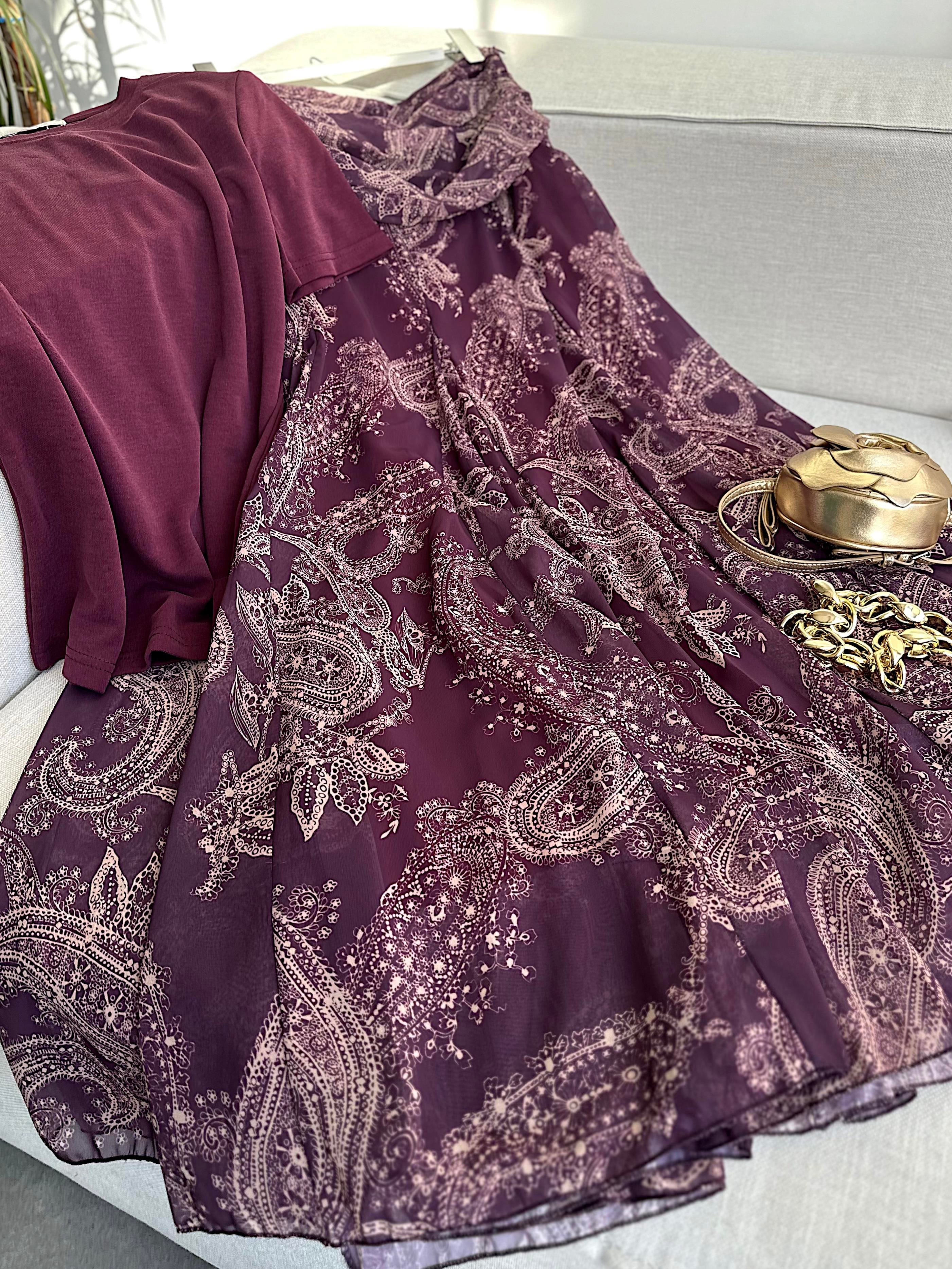 Bel Drape Şal Desen Şifon Etek Bordo