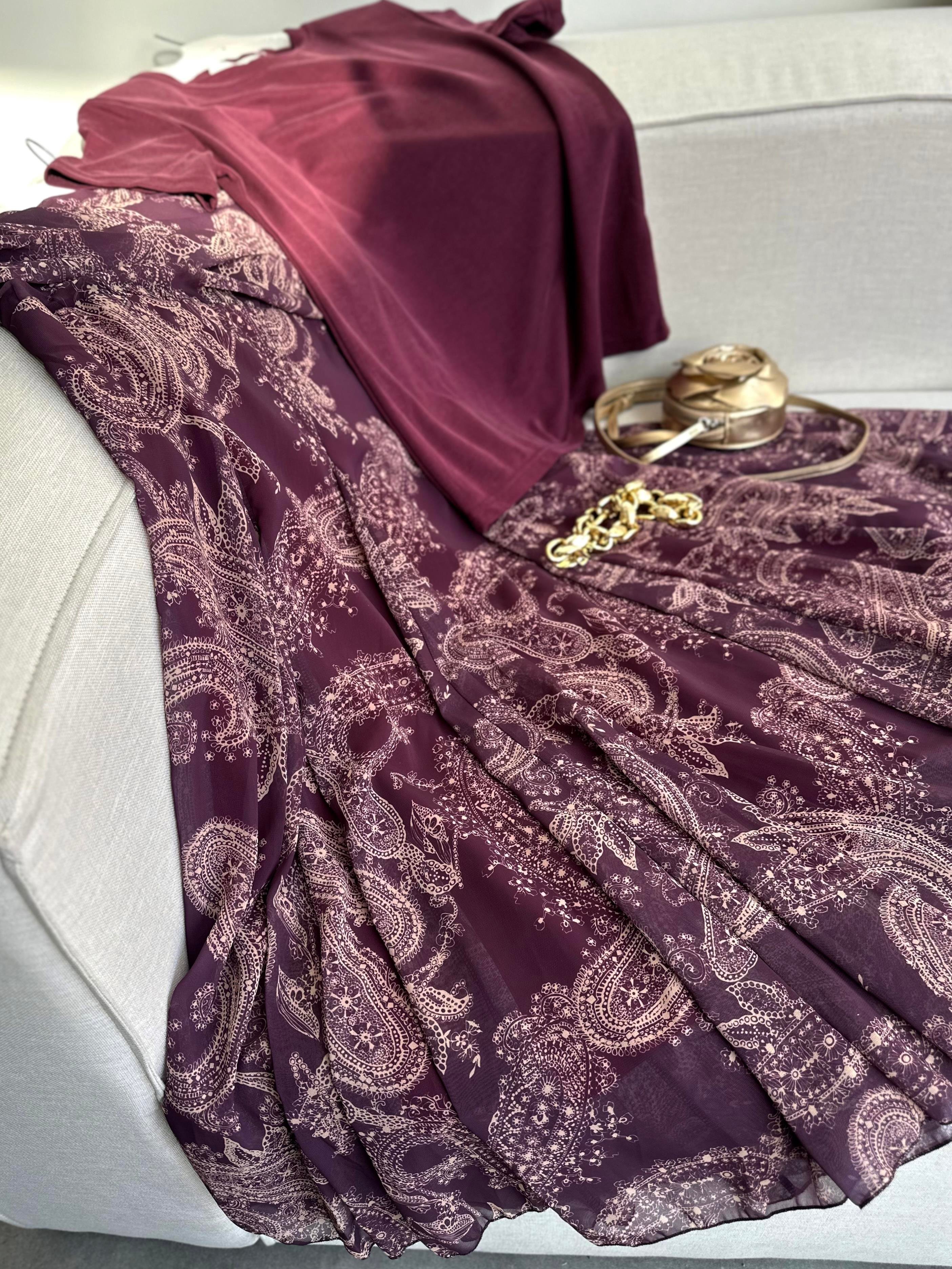 Bel Drape Şal Desen Şifon Etek Bordo