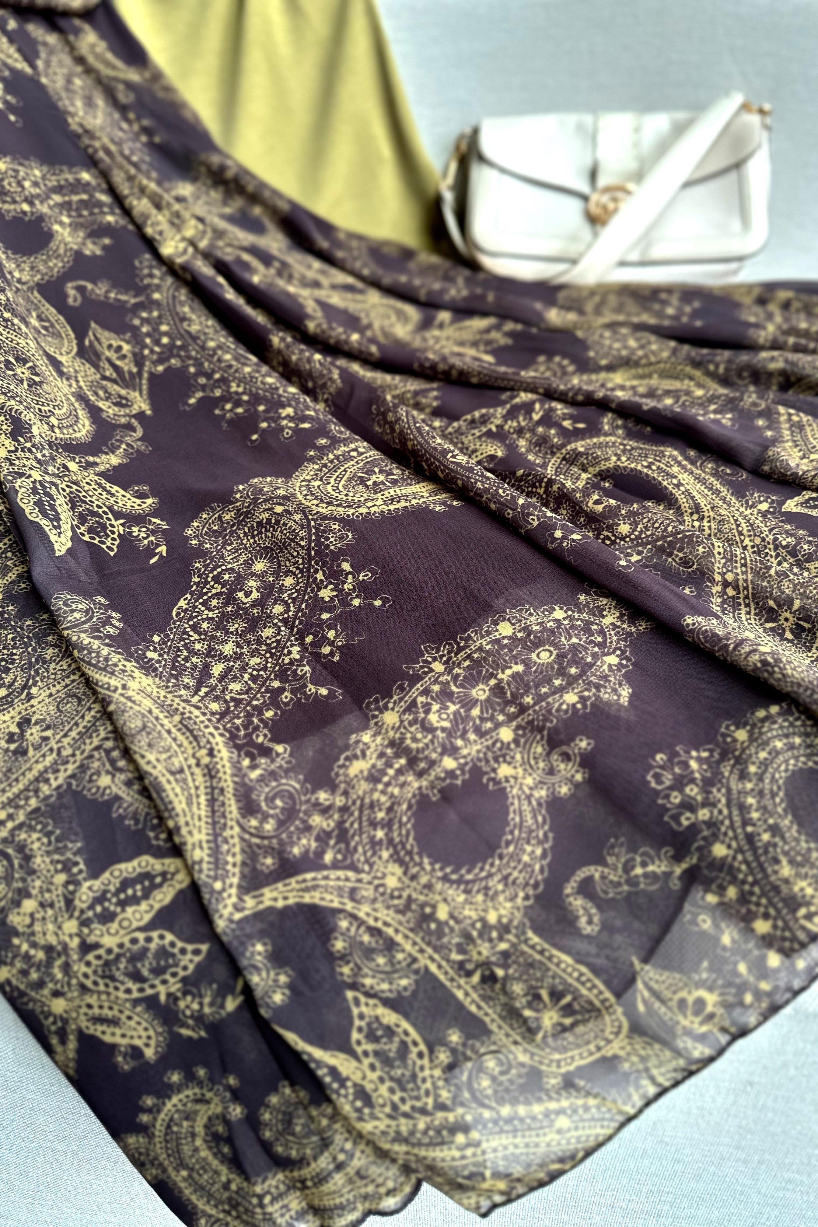 Bel Drape Şal Desen Şifon Etek Kahverengi