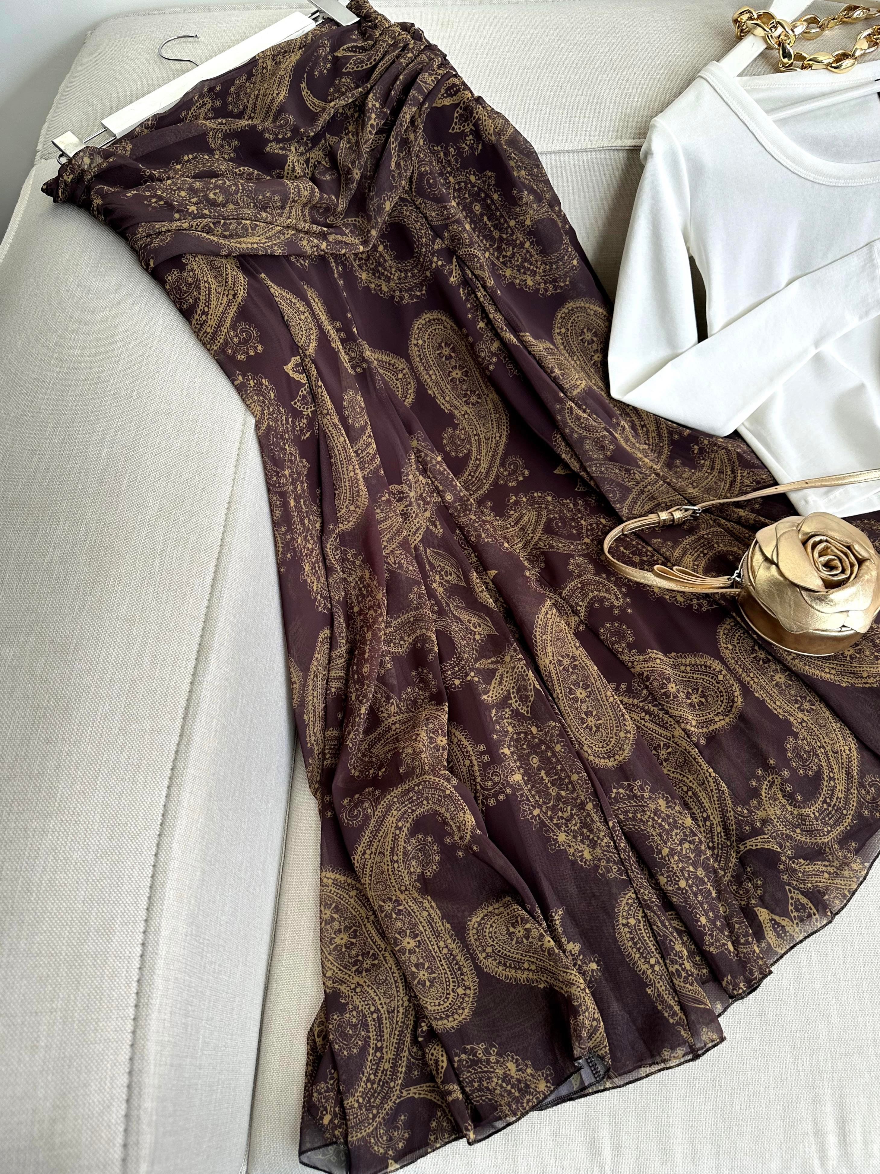 Bel Drape Şal Desen Şifon Etek Kahverengi