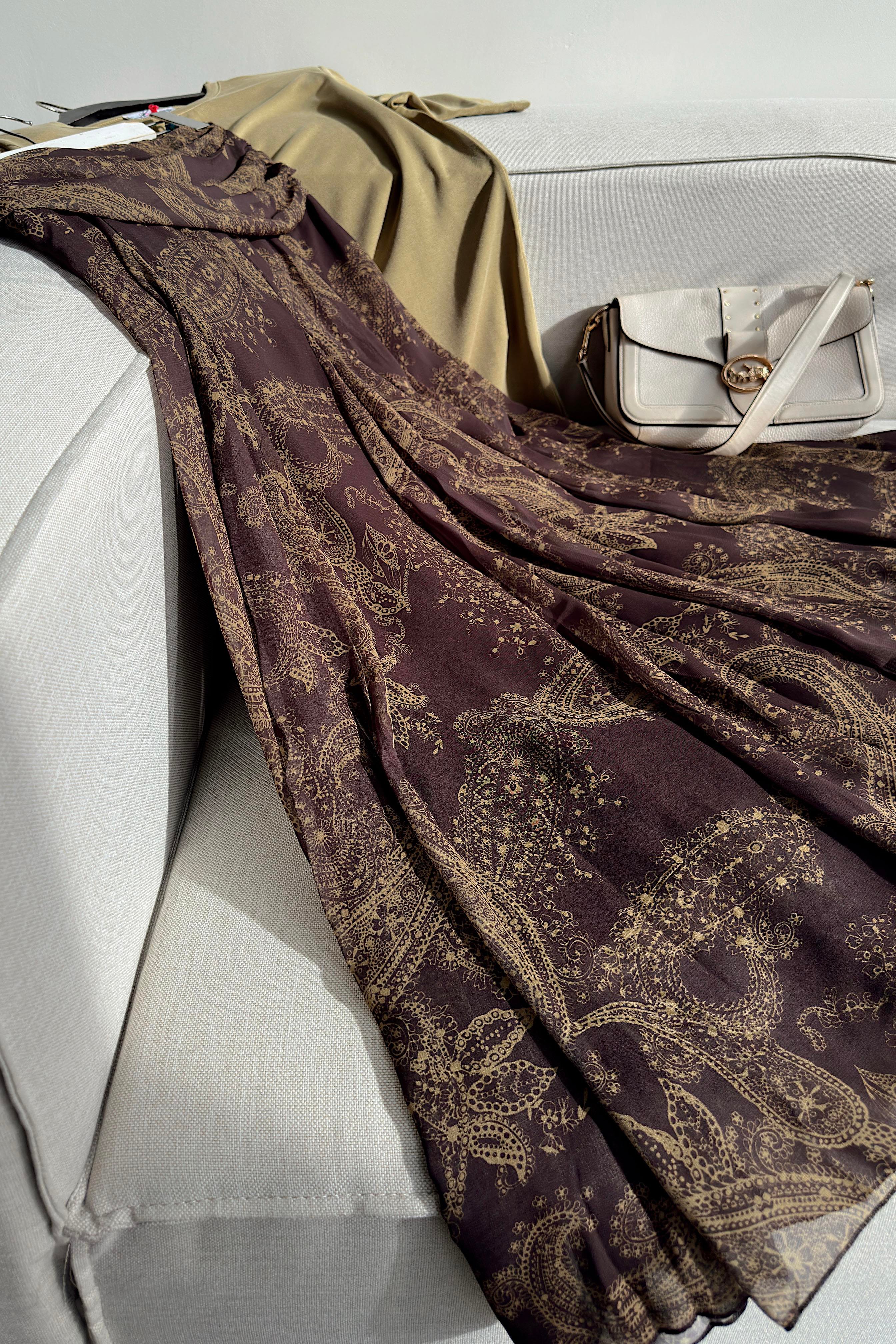 Bel Drape Şal Desen Şifon Etek Kahverengi
