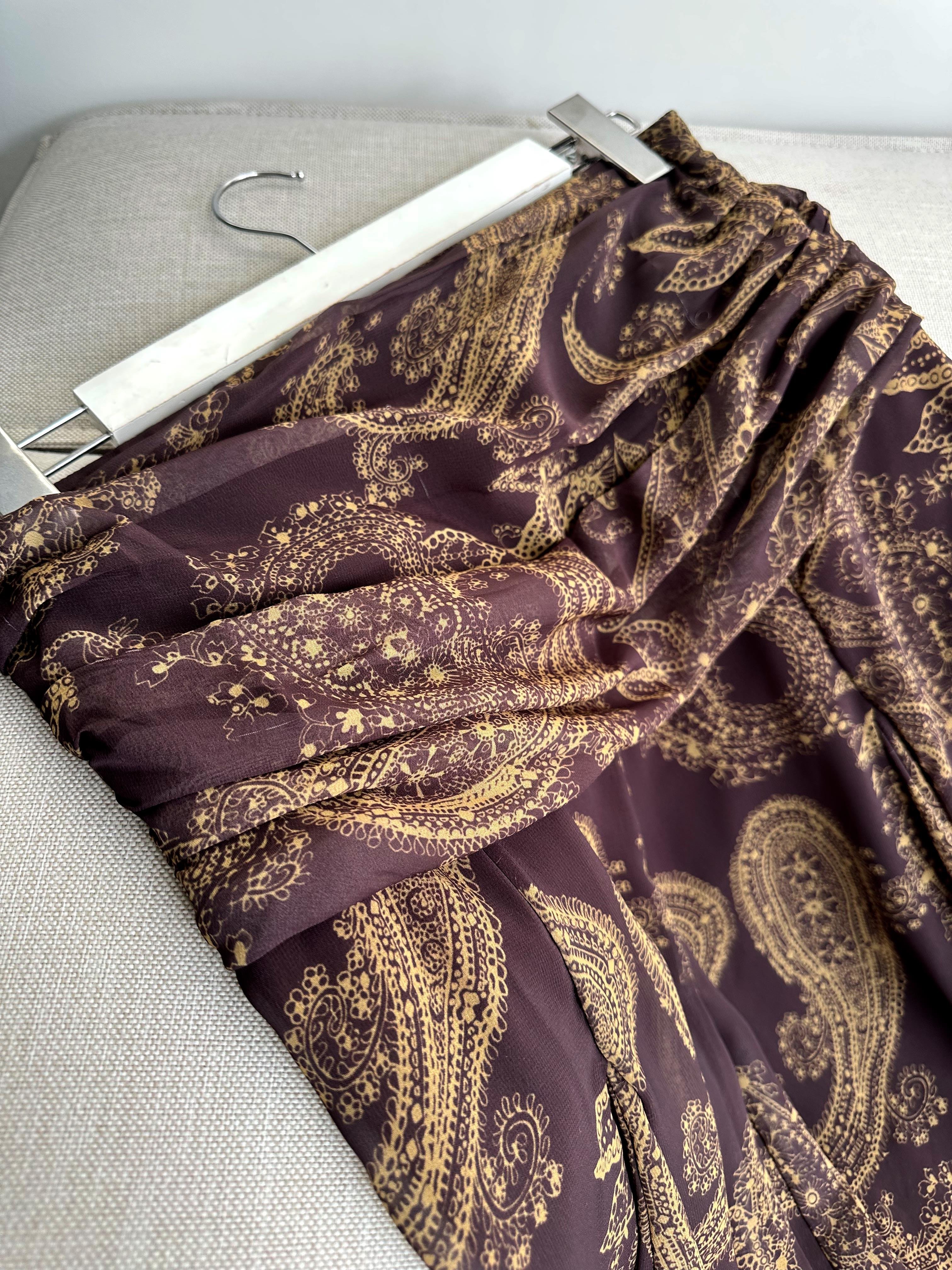 Bel Drape Şal Desen Şifon Etek Kahverengi